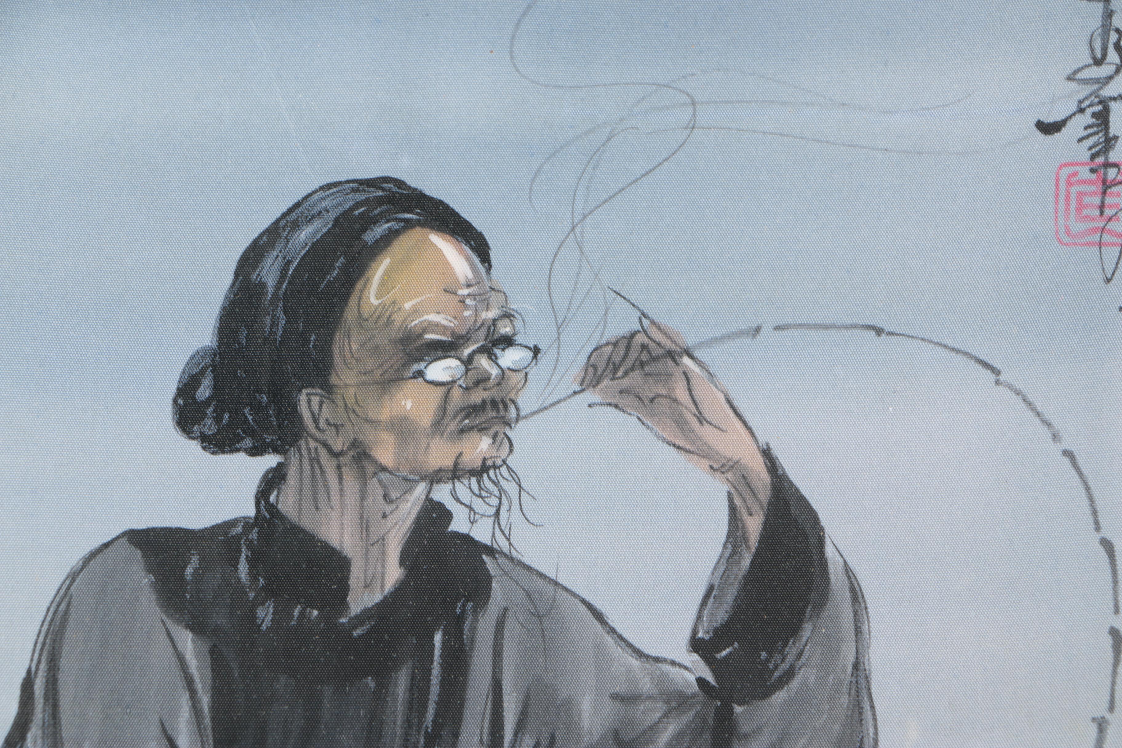 East Asian Gouache on Silk of a Smoking Elder