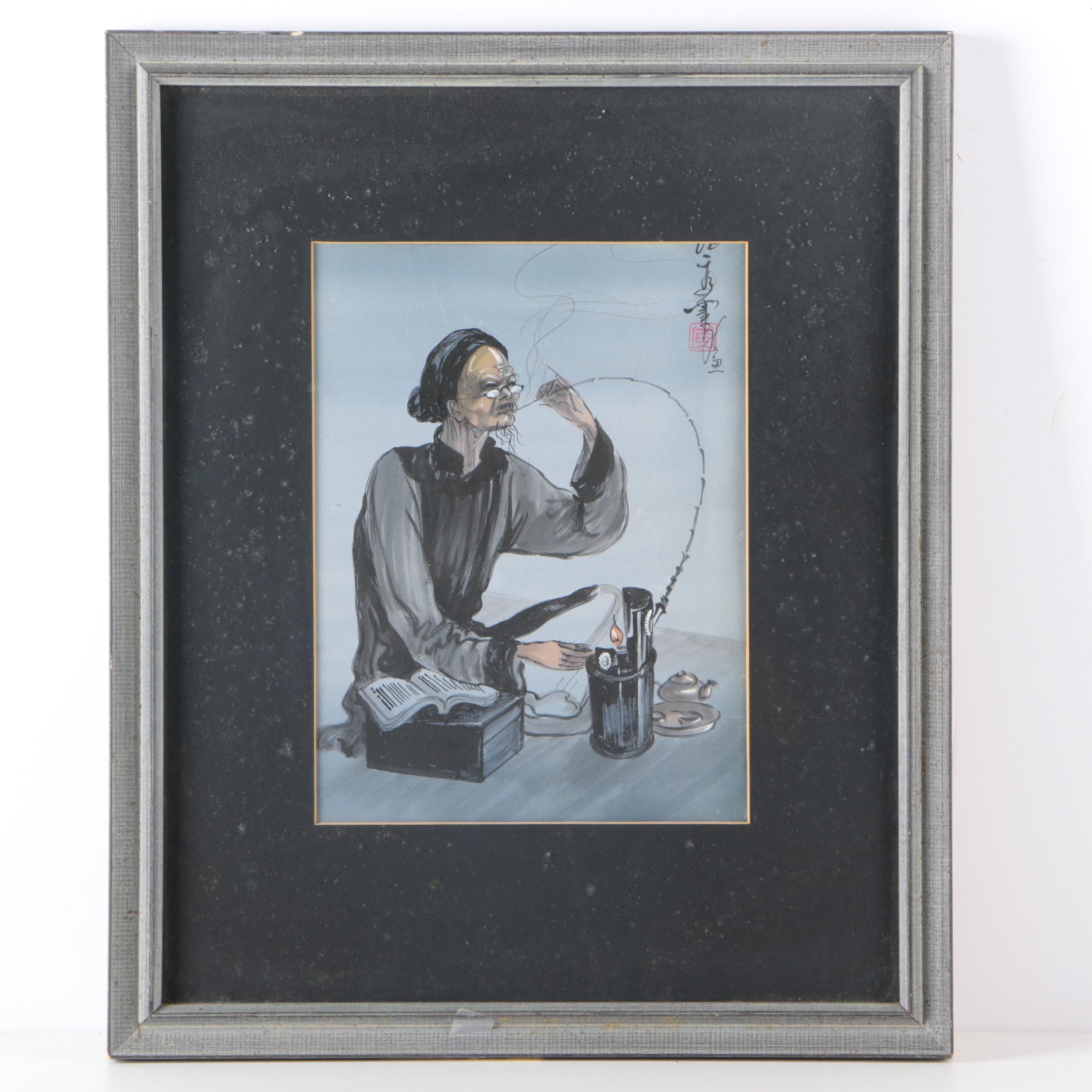 East Asian Gouache on Silk of a Smoking Elder
