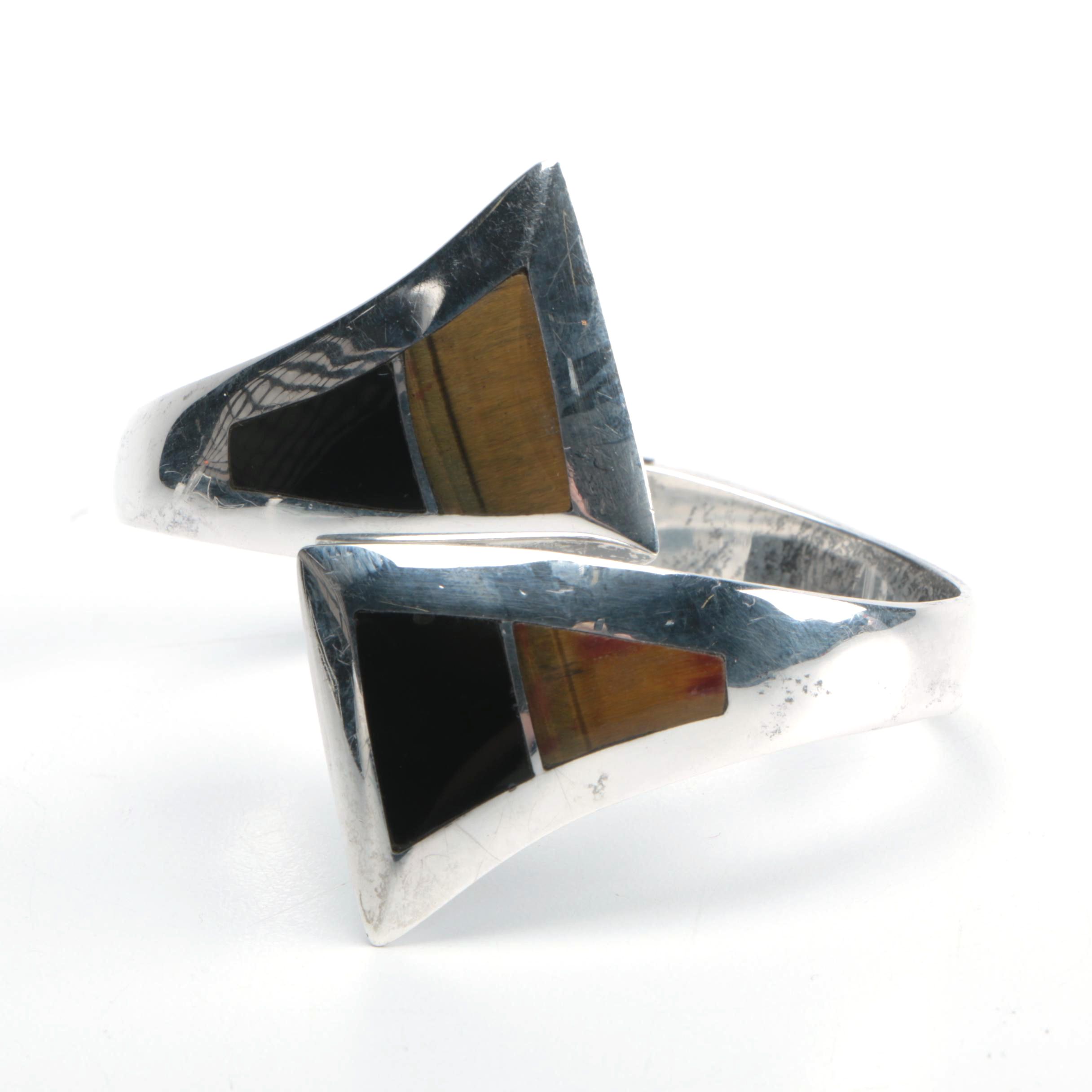 Mexican Sterling Bracelet with Tiger's Eye and Onyx Inlays