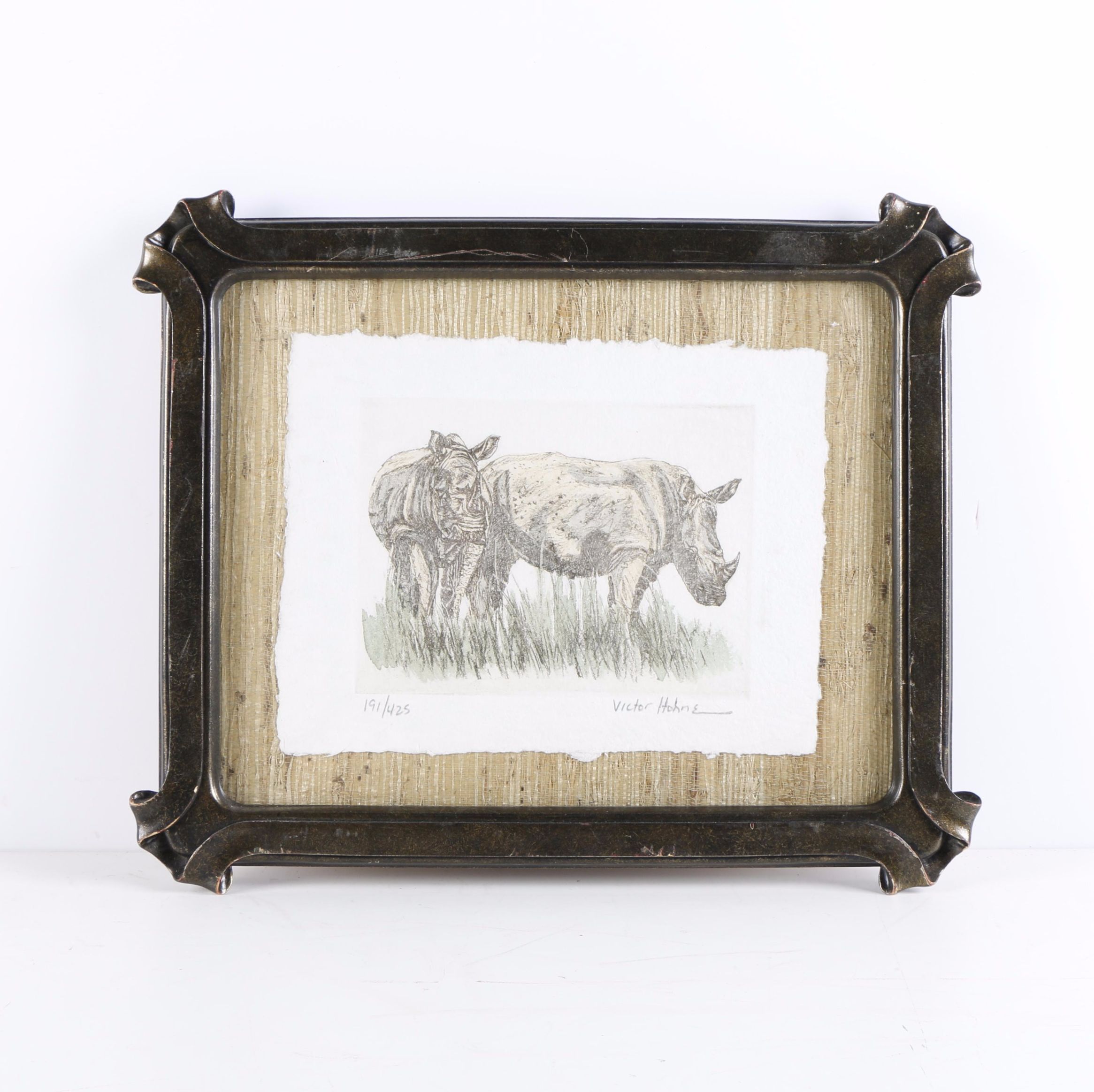 Victor Hohne Limited Edition Hand-colored Etching of Rhinoceros