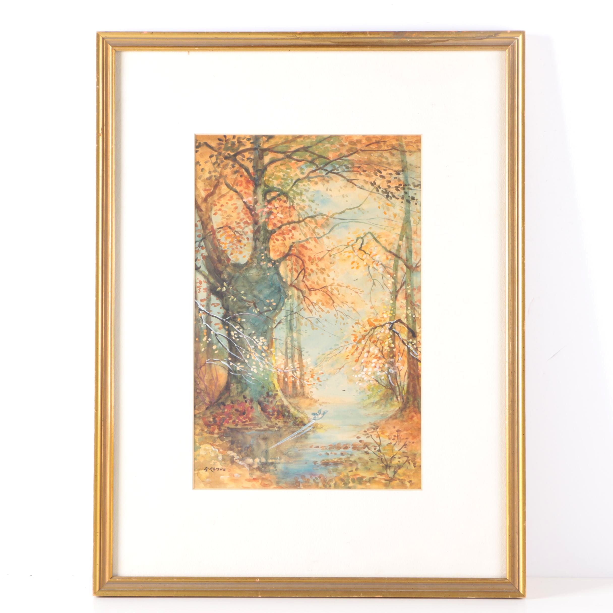 A. Ramus Gouache and Watercolor of Autumn Forest