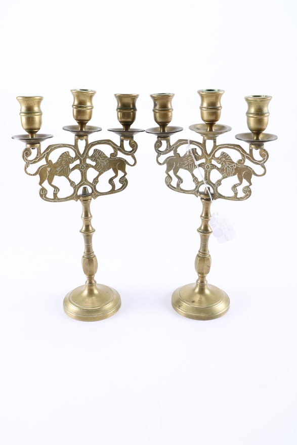 Brass Candelabras With Lion Figures