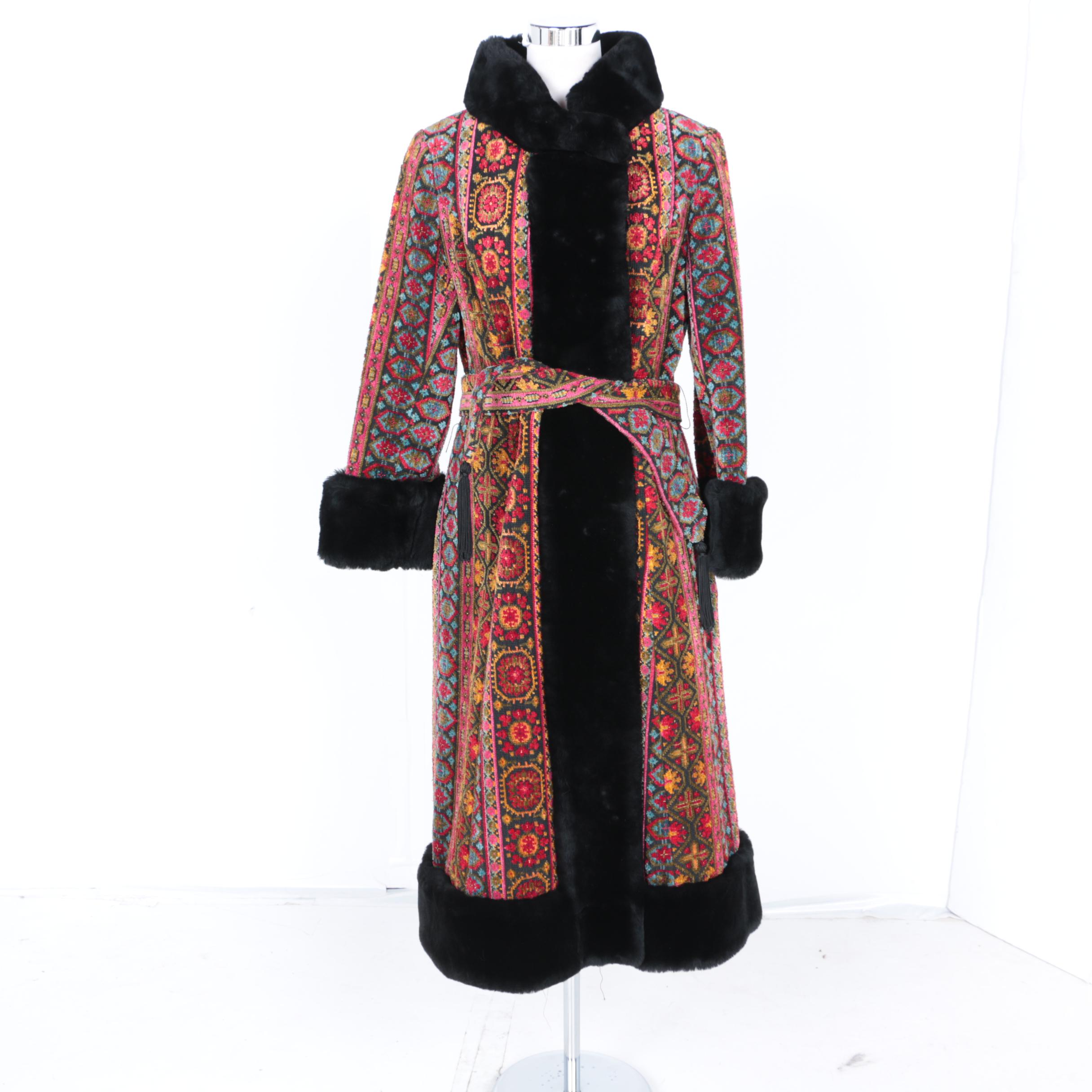 Full Length Carpet Coat With Faux Fur Trim