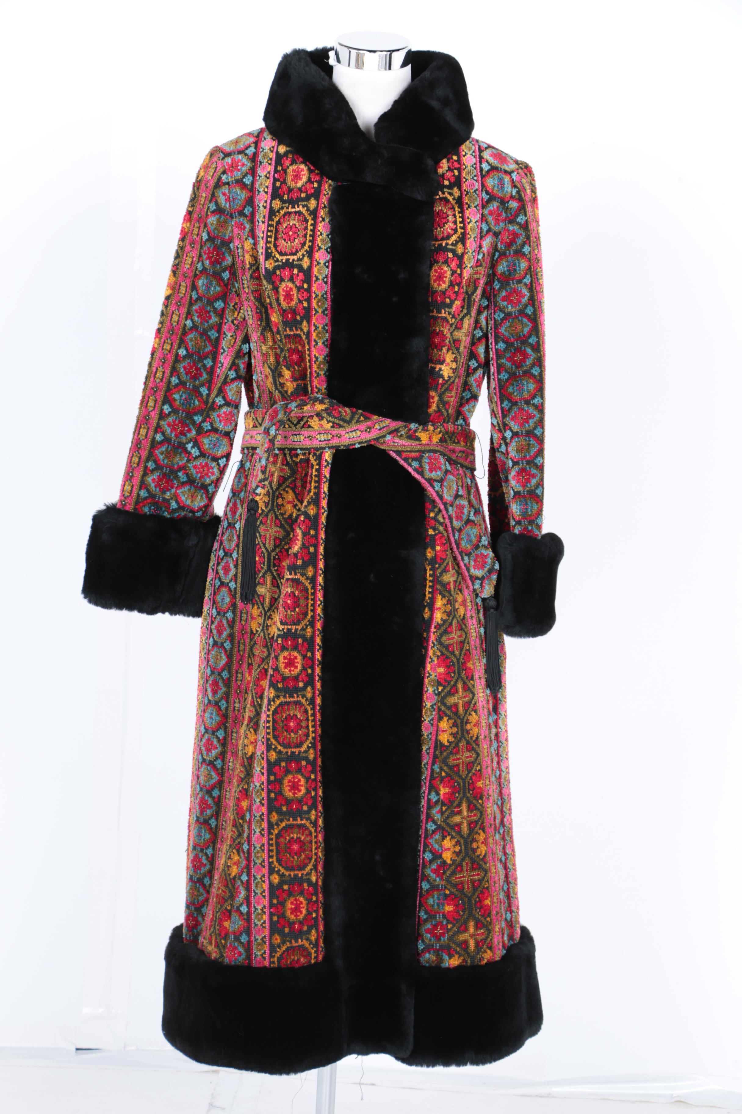 Full Length Carpet Coat With Faux Fur Trim
