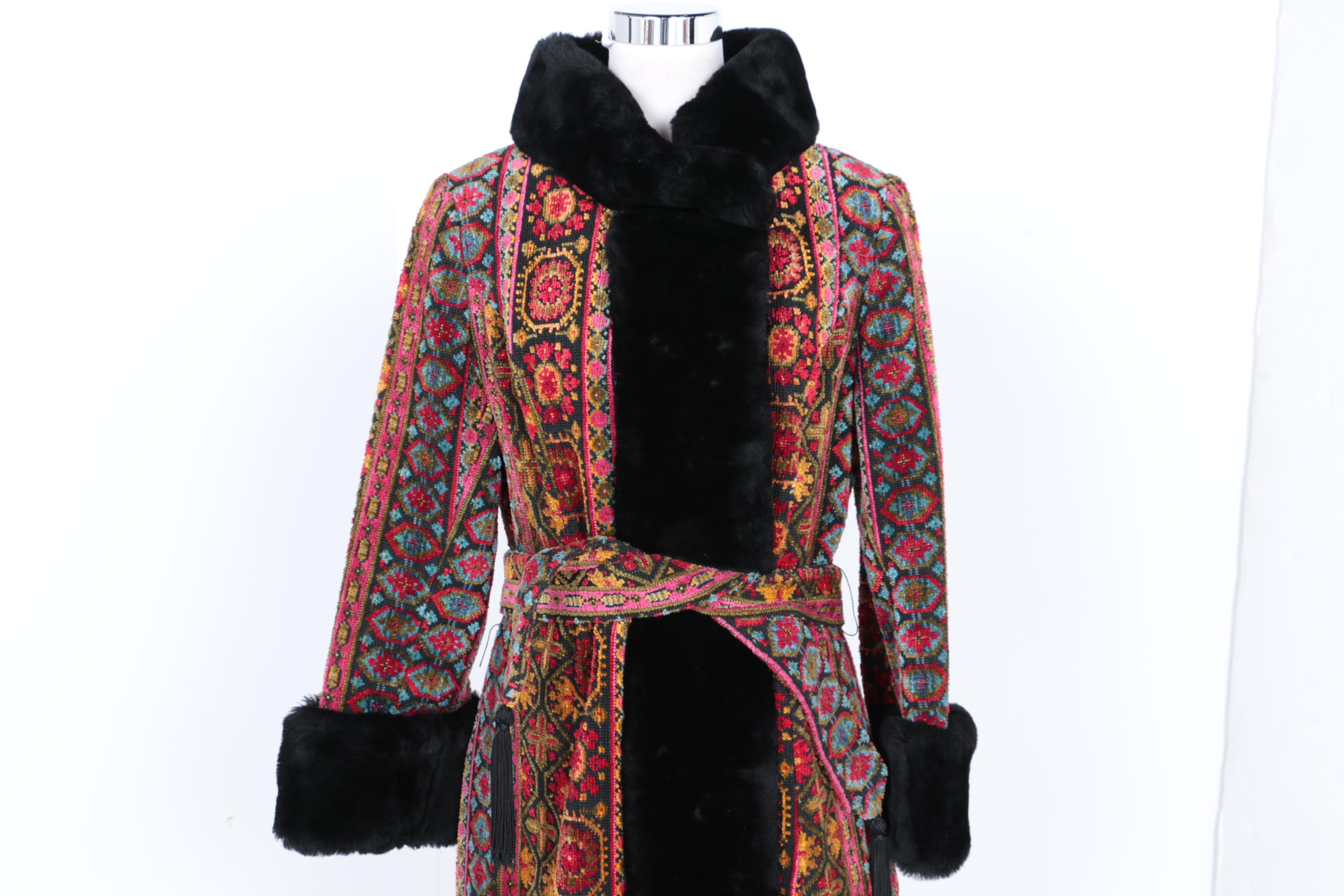 Full Length Carpet Coat With Faux Fur Trim