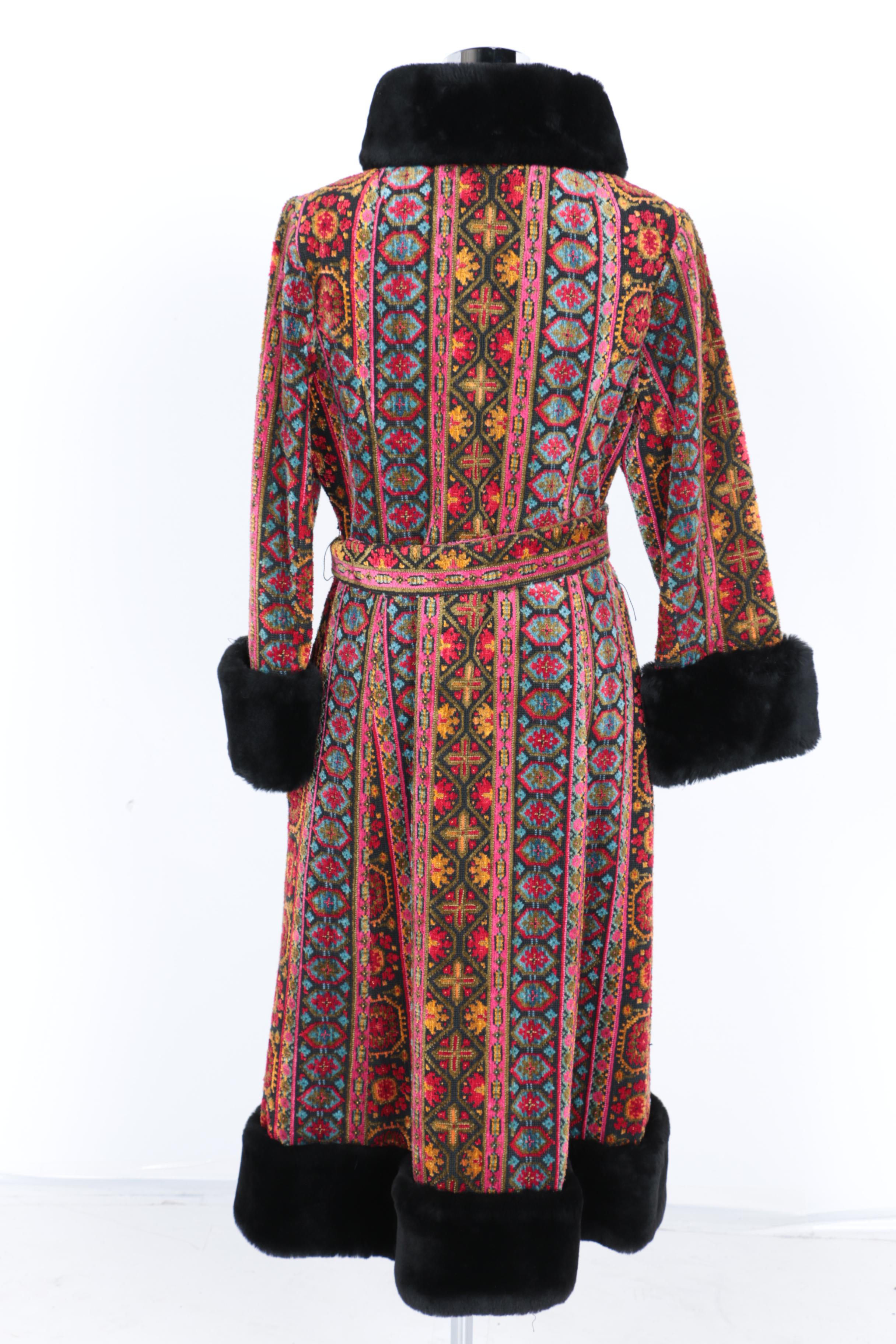 Full Length Carpet Coat With Faux Fur Trim