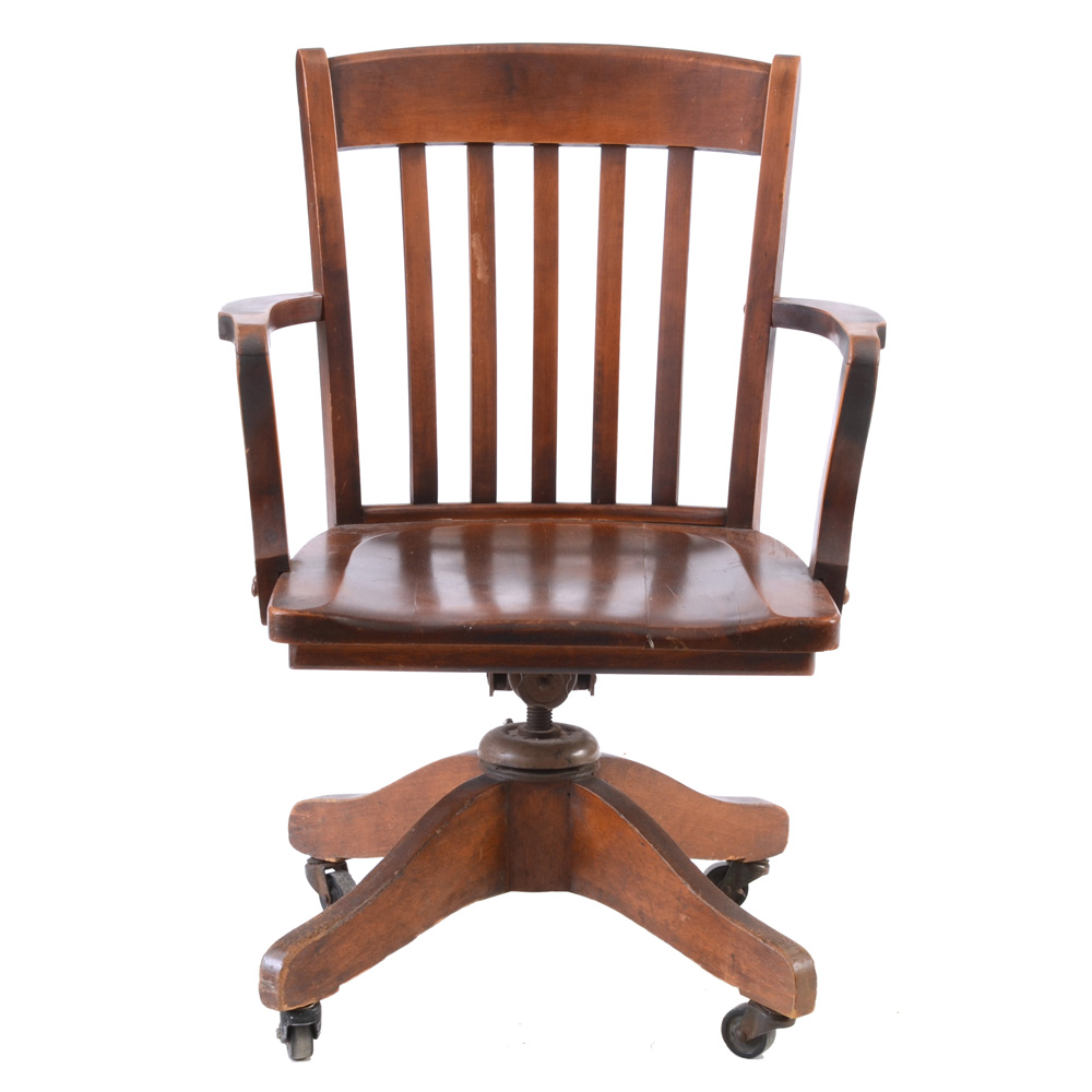 Oak Banker's Style Desk Chair on Rolling Base