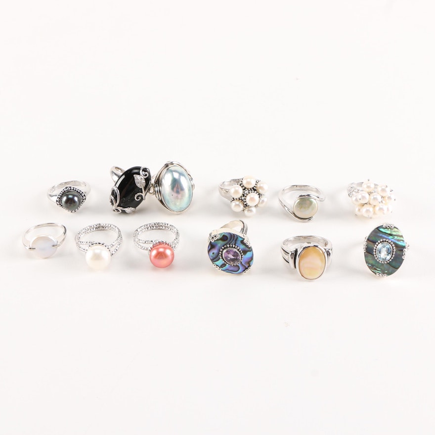 Sterling Silver Rings Featuring Various Gemstones and Cultured Pearls