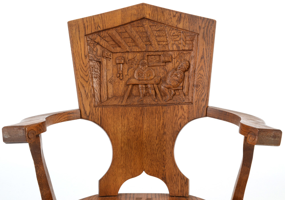 Carved Oak Arm Chair with Interior Scene
