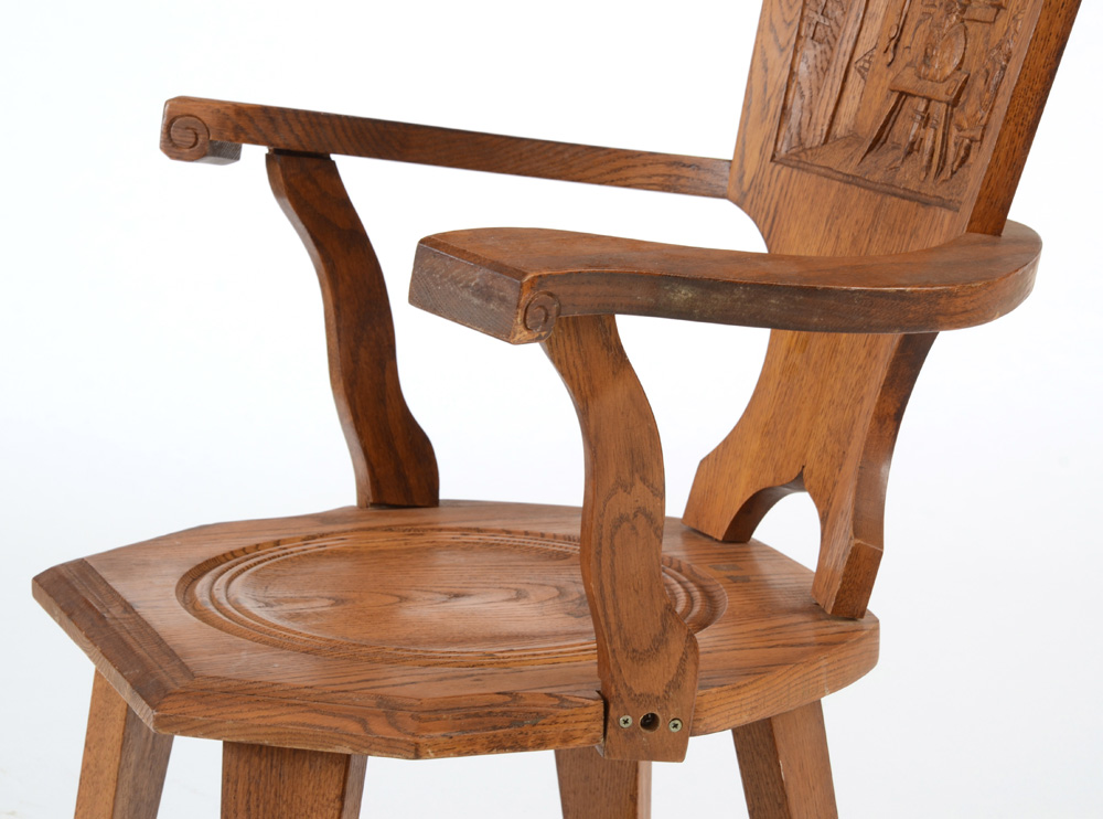 Carved Oak Arm Chair with Interior Scene