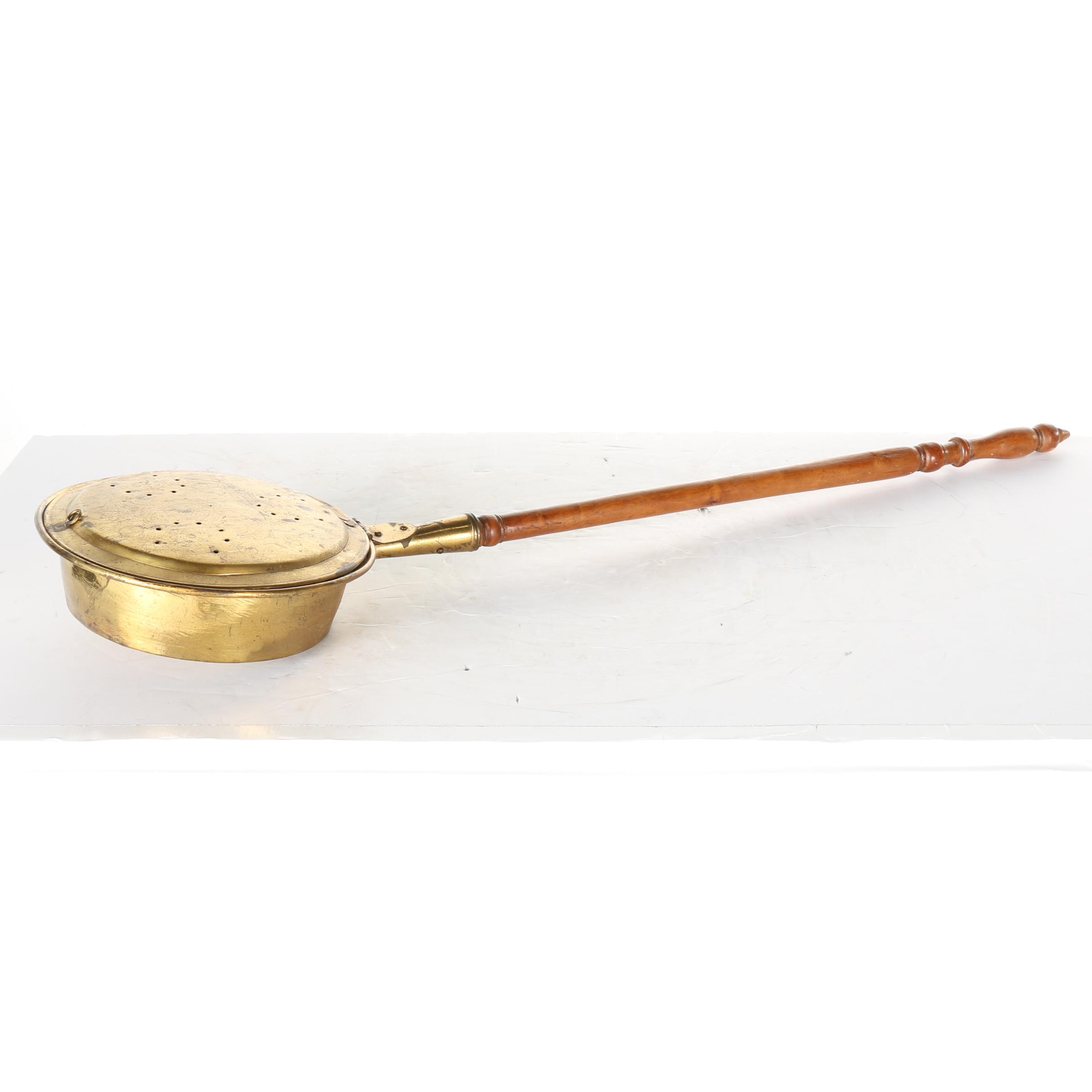 Antique Brass and Wood Bed Warmer