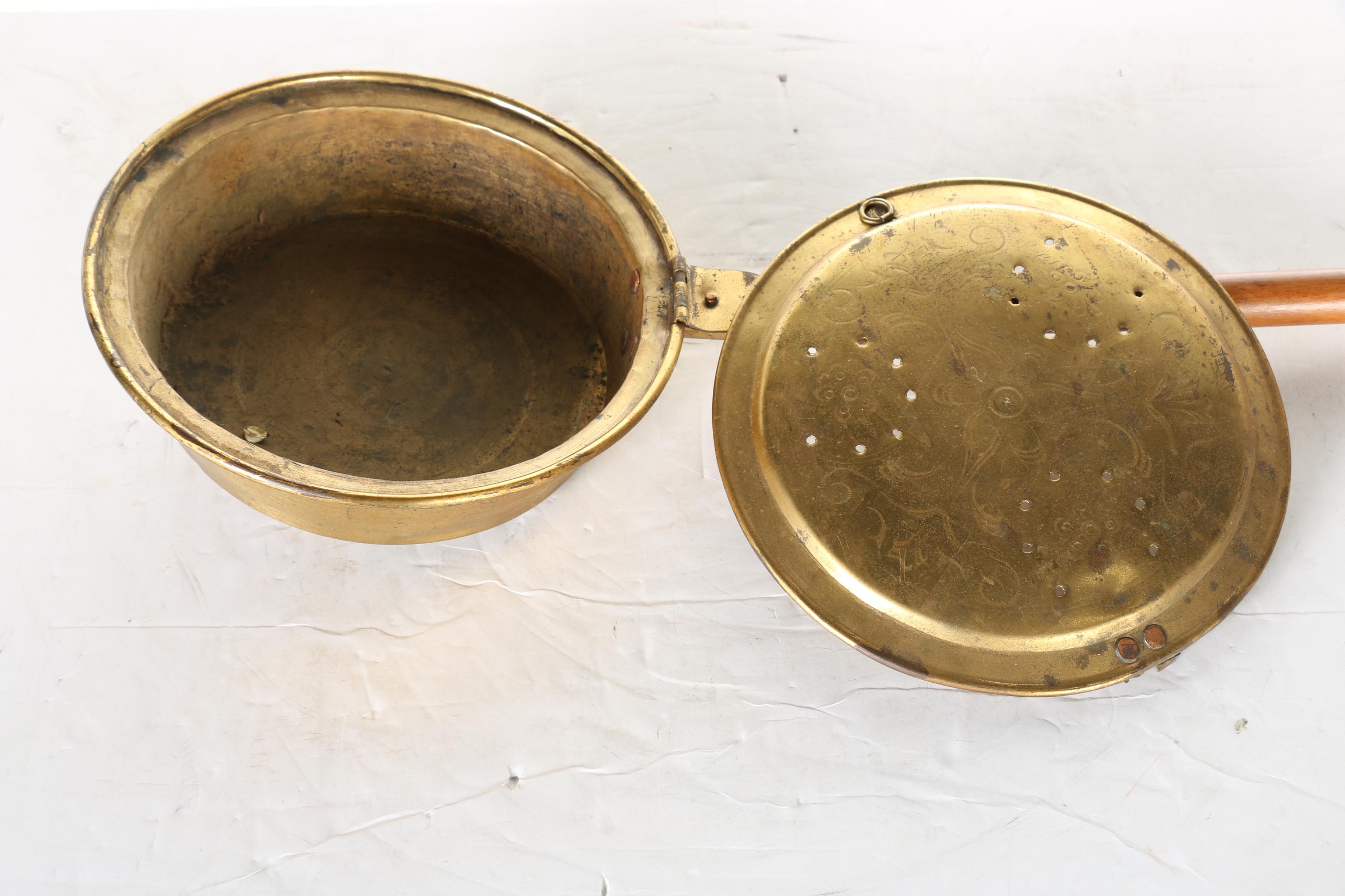 Antique Brass and Wood Bed Warmer