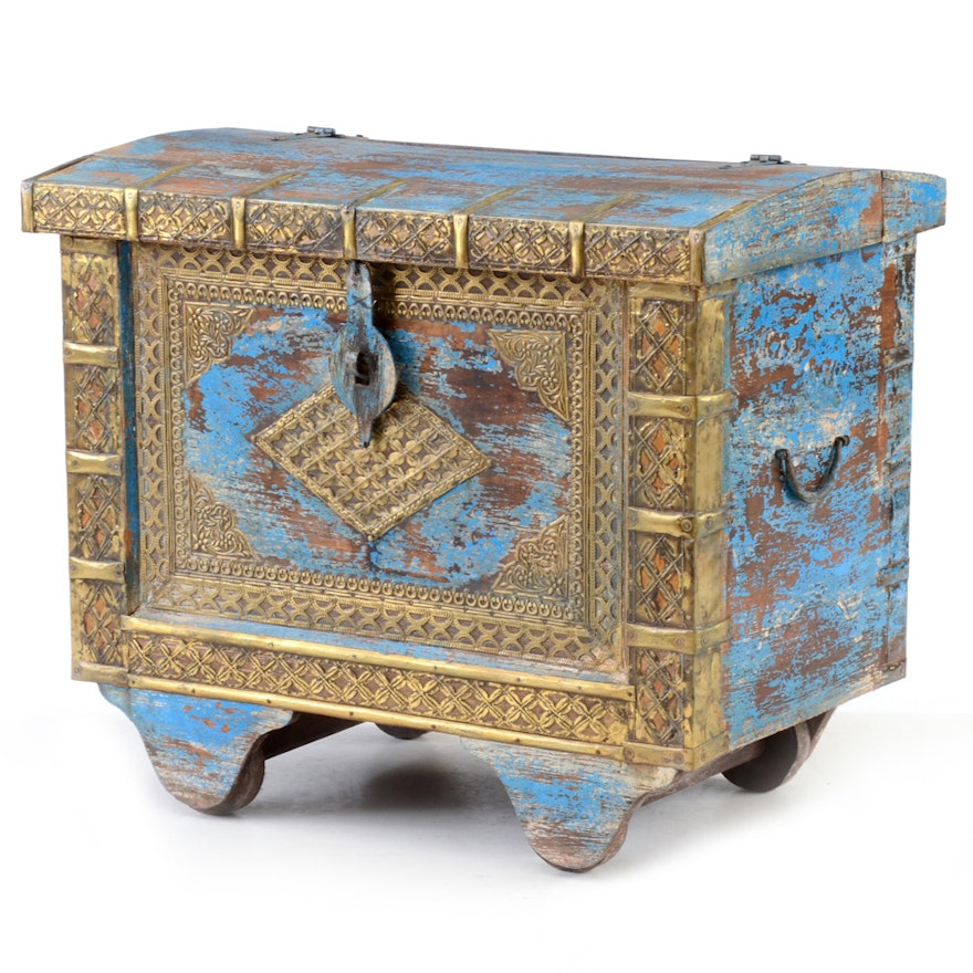 Rolling Blue Painted Wood Trunk