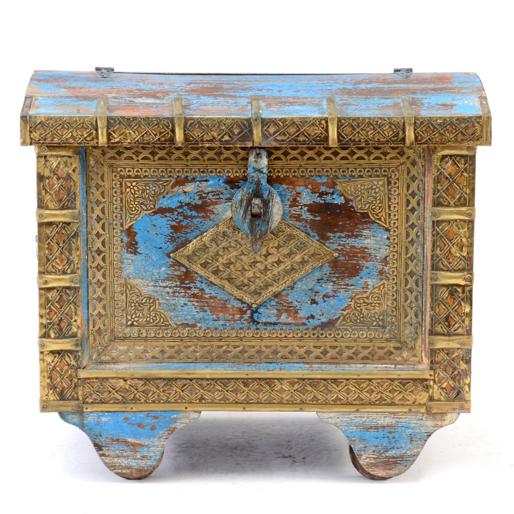 Rolling Blue Painted Wood Trunk