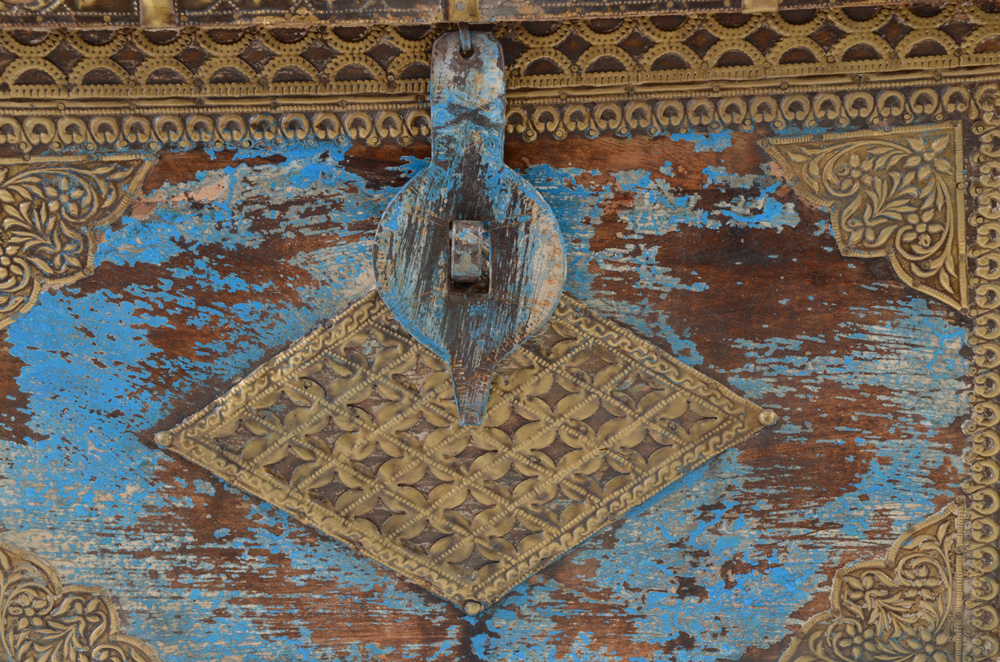 Rolling Blue Painted Wood Trunk