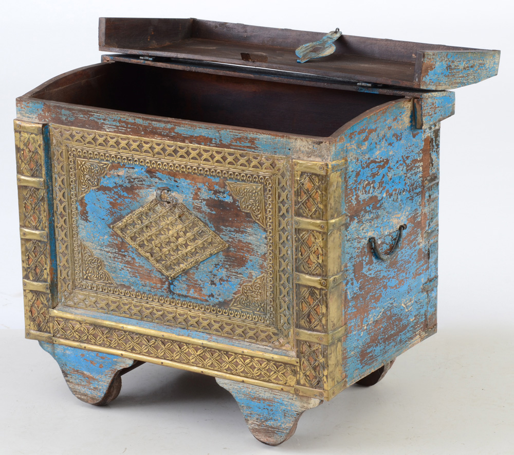 Rolling Blue Painted Wood Trunk