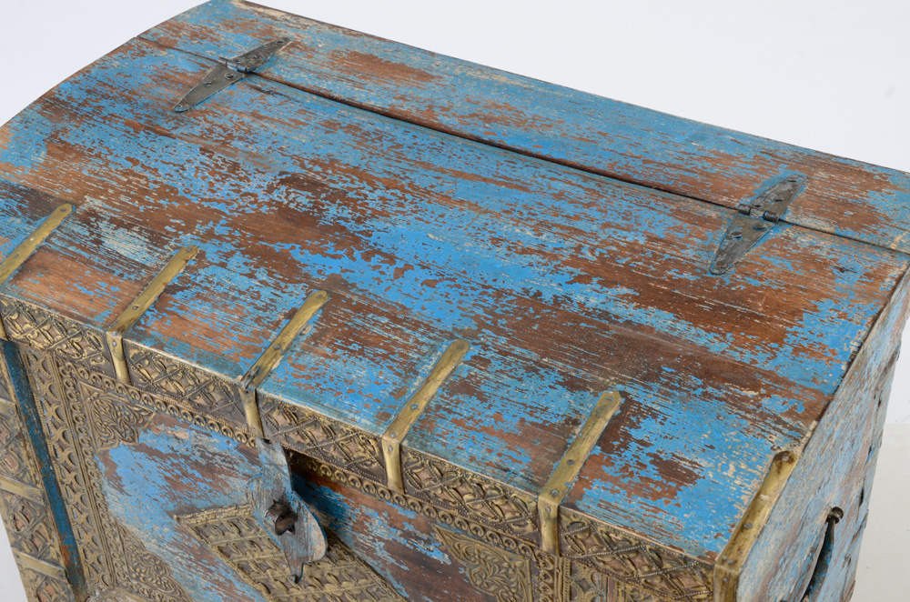 Rolling Blue Painted Wood Trunk