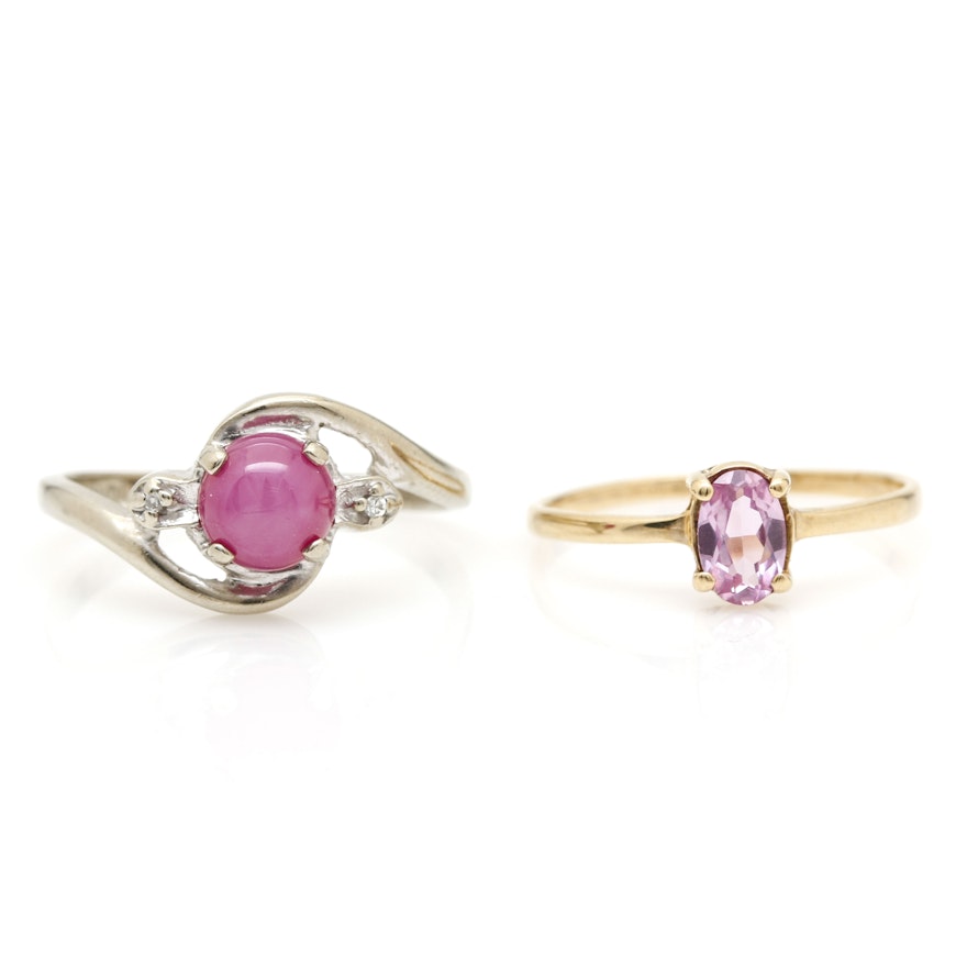 10K Yellow Gold Pink Sapphire Ring and 10K White Gold Star Ruby and Diamond Ring