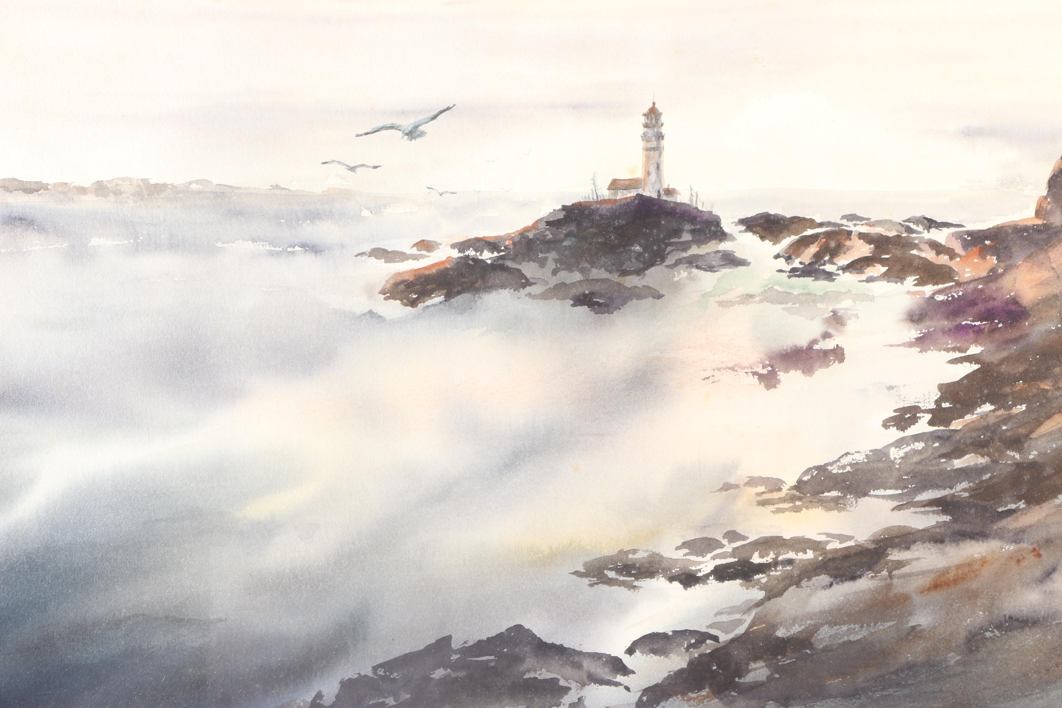 Barbara Cox Watercolor of a Lighthouse on a Rocky Shore