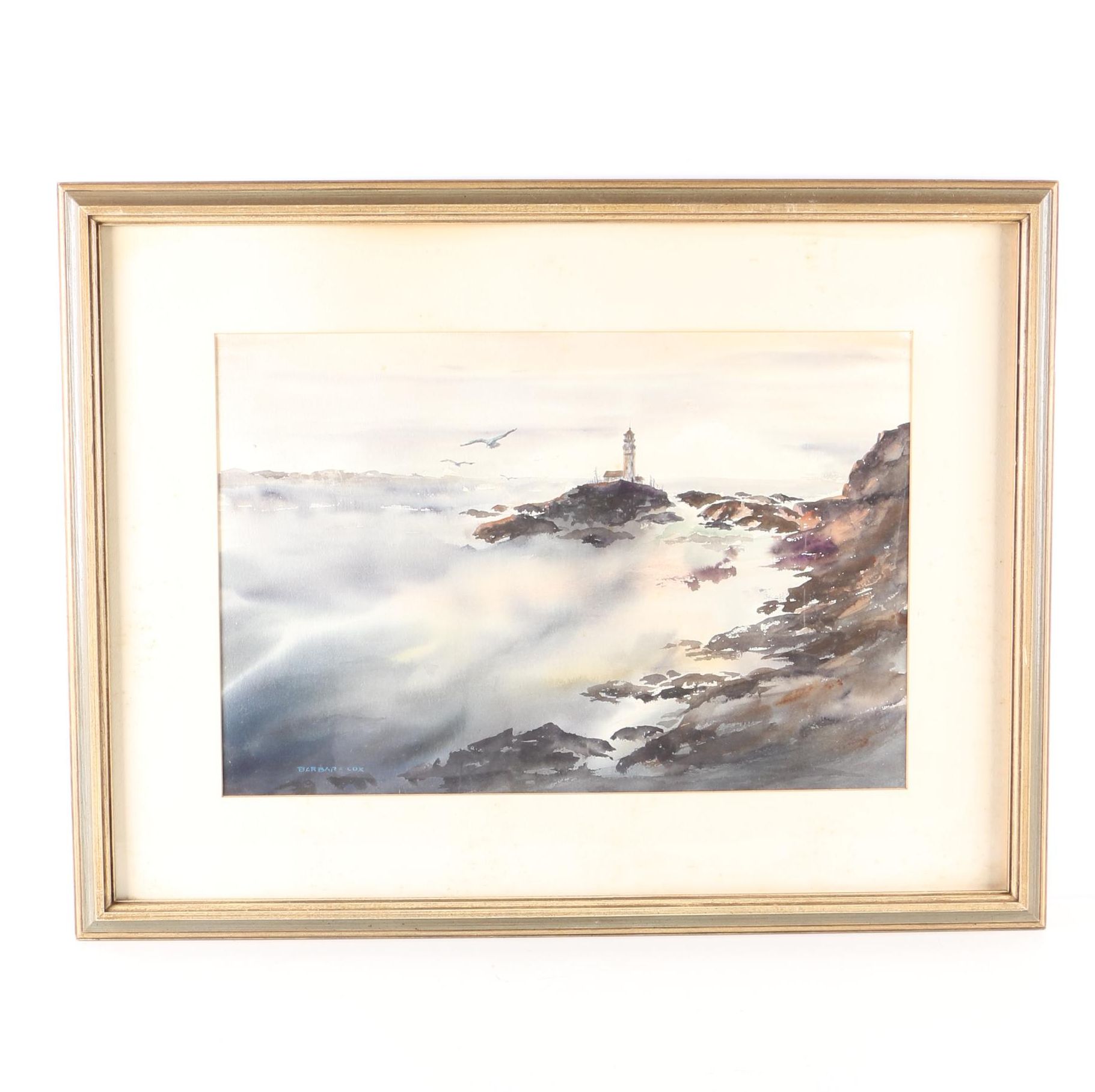 Barbara Cox Watercolor of a Lighthouse on a Rocky Shore