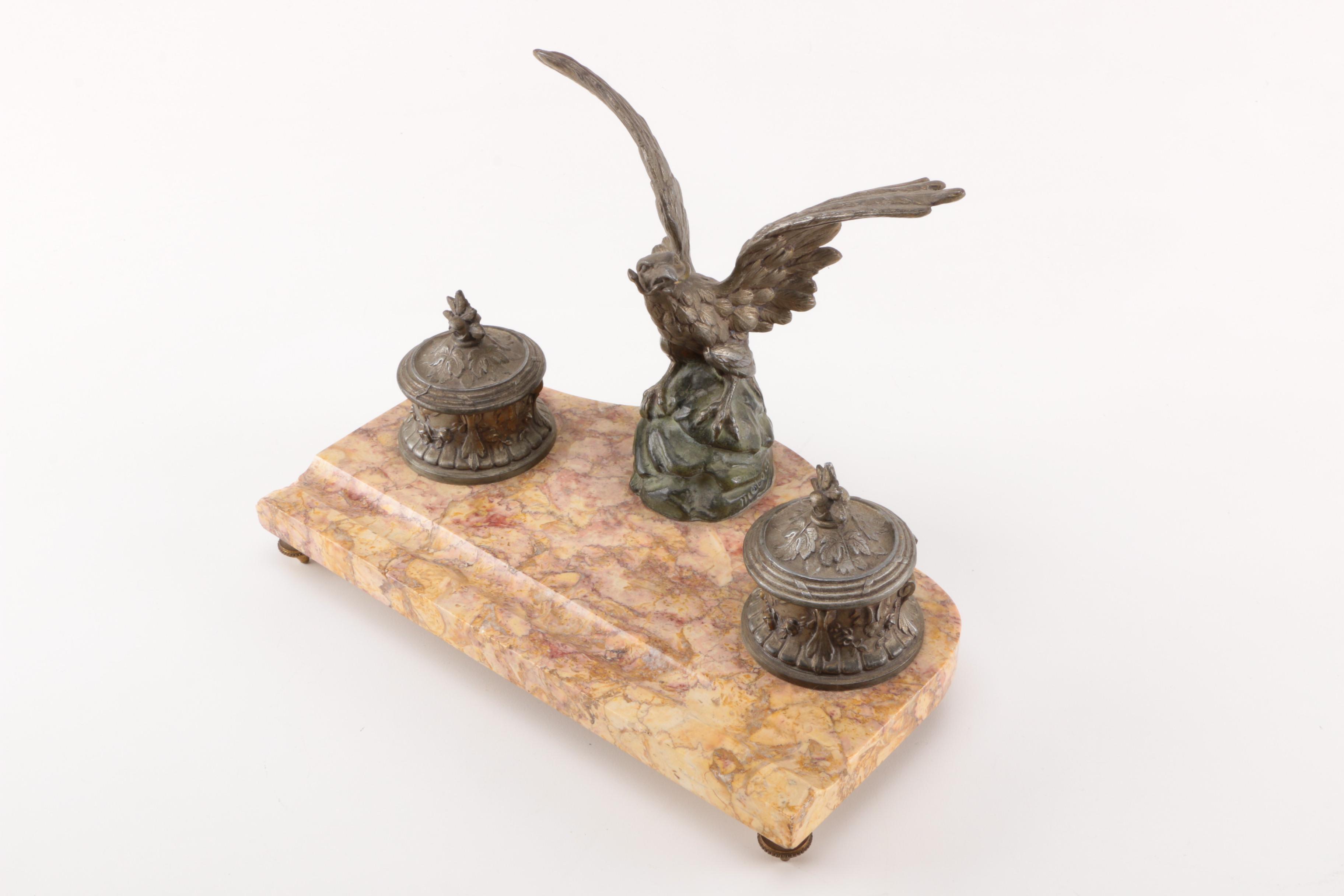 Melotte Signed Inkwell with Eagle Statuette