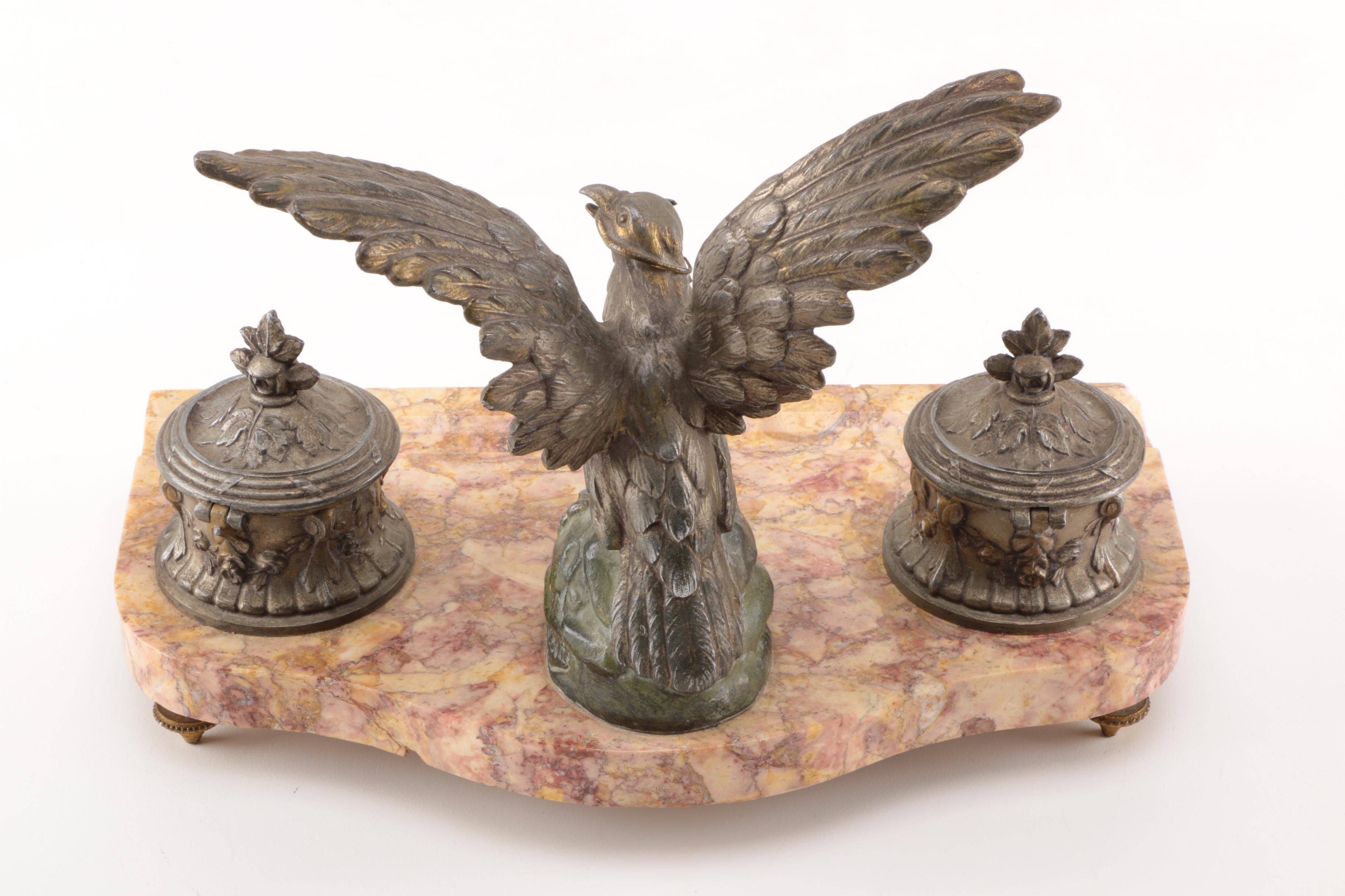 Melotte Signed Inkwell with Eagle Statuette
