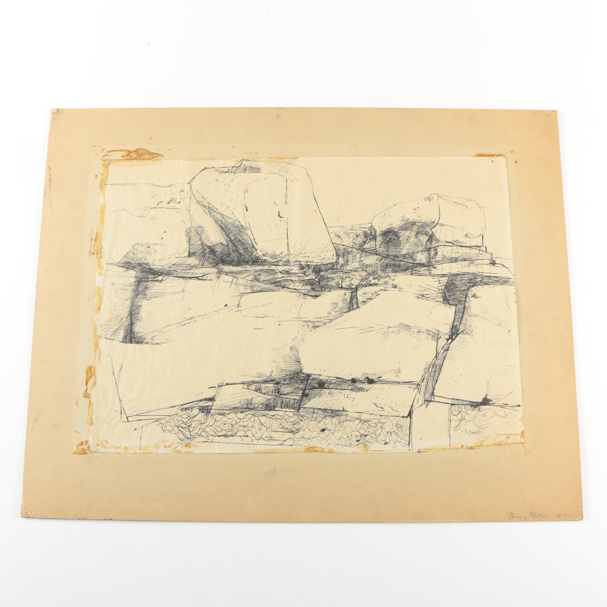 Nancy Stetson Ink Drawing of an Landscape