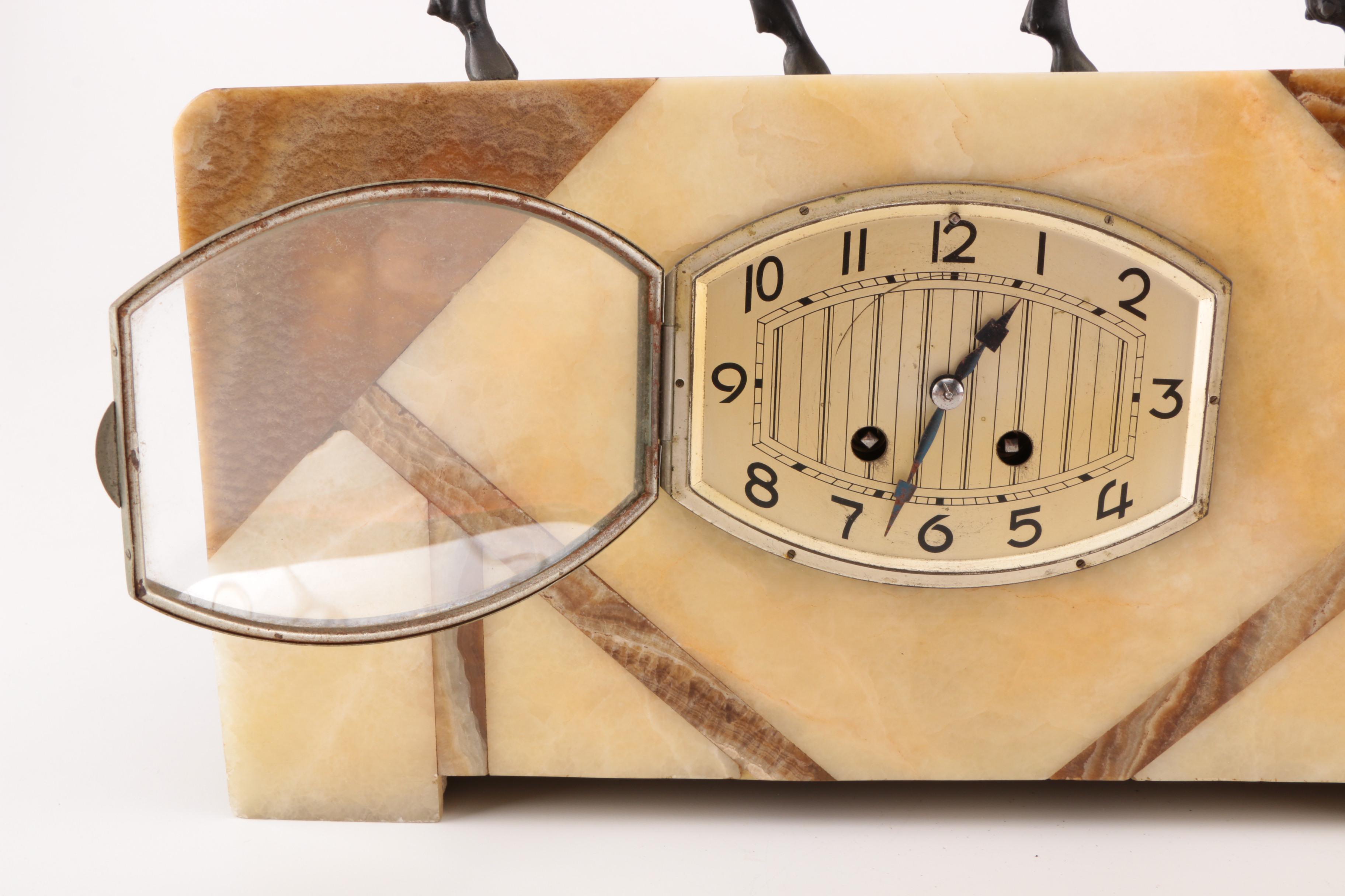 Brass Deer Statue on Marble Housed Clock