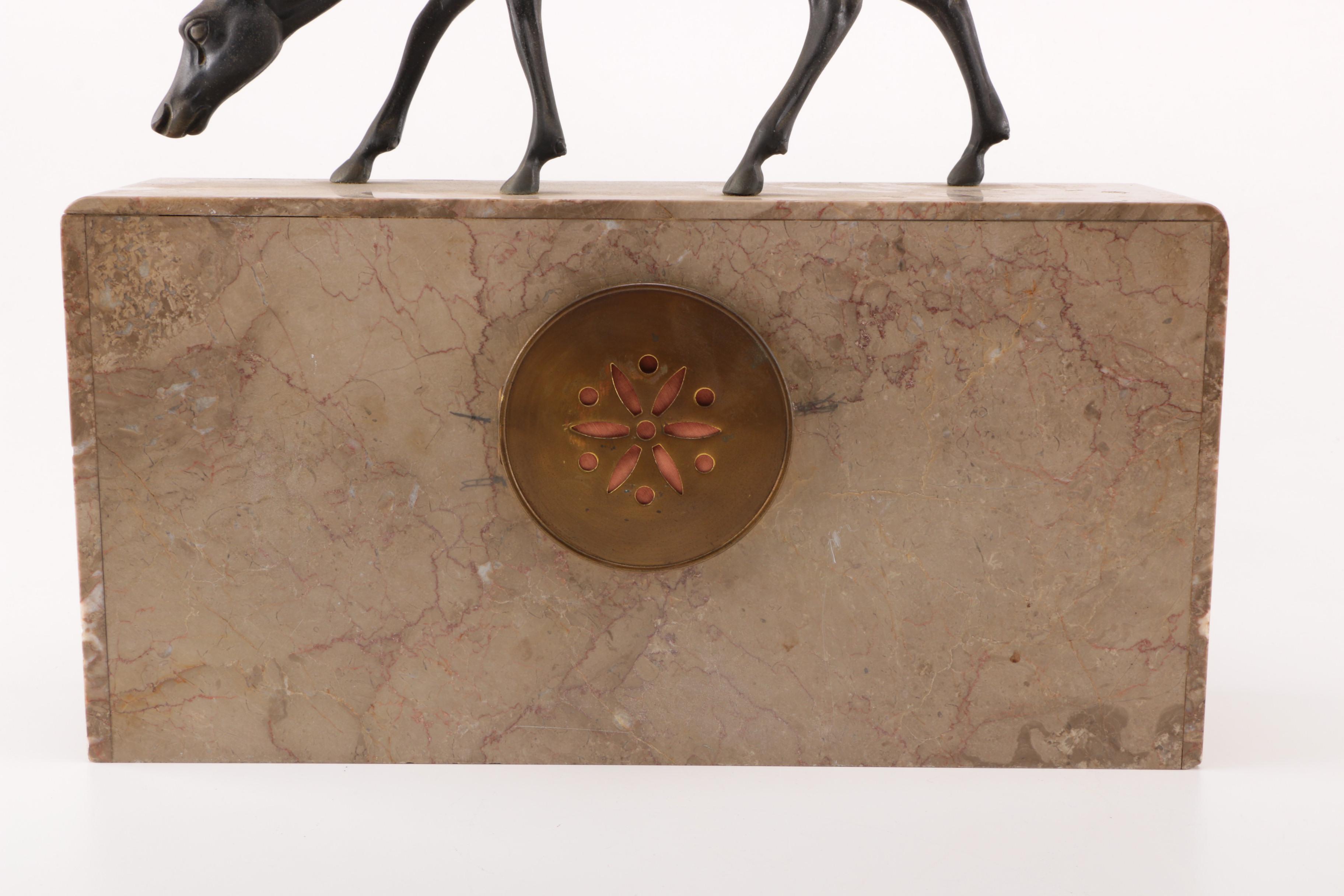 Brass Deer Statue on Marble Housed Clock