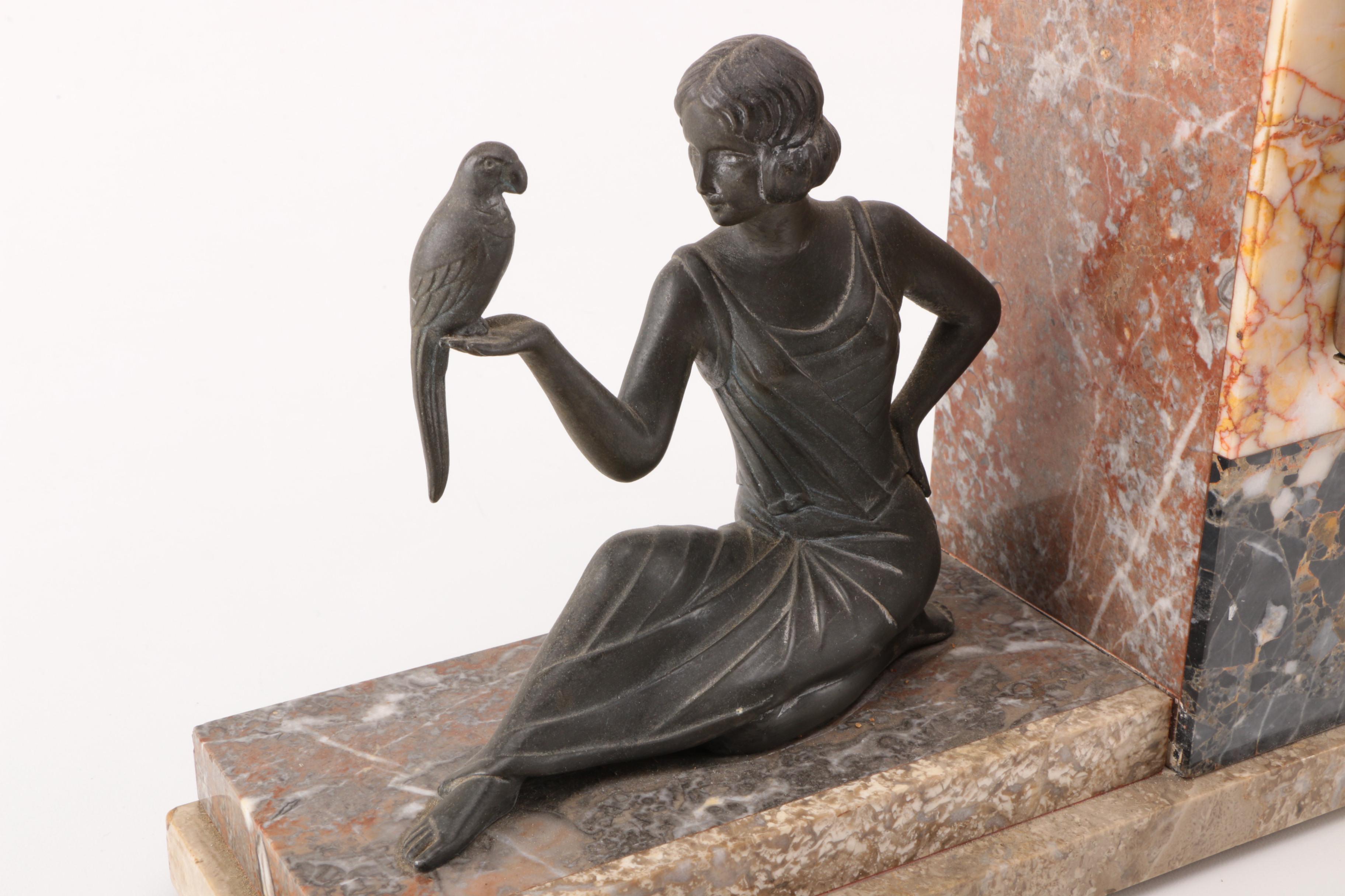 Art Deco Marble Desk Clock with Stauette and a pair of Bookends