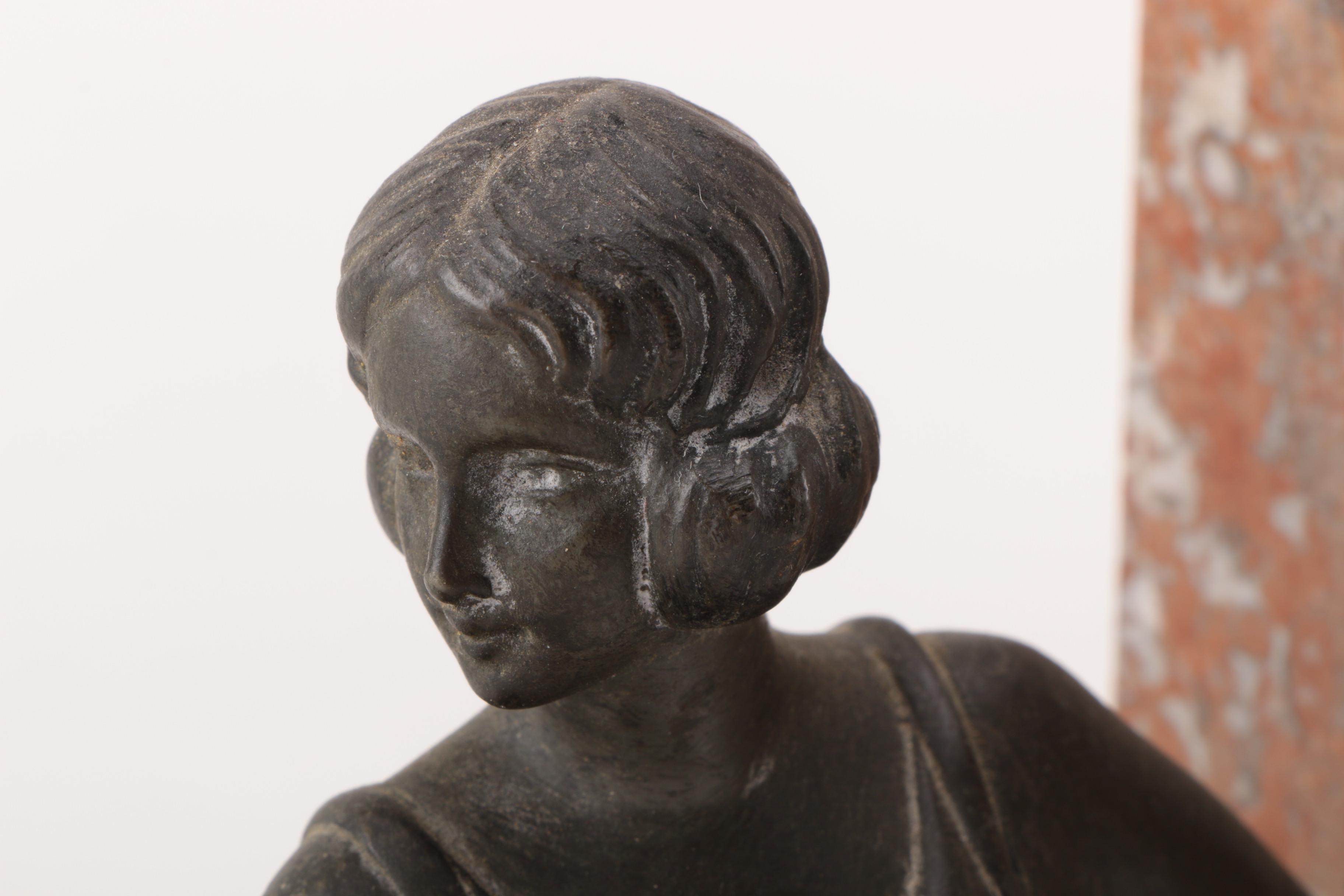 Art Deco Marble Desk Clock with Stauette and a pair of Bookends