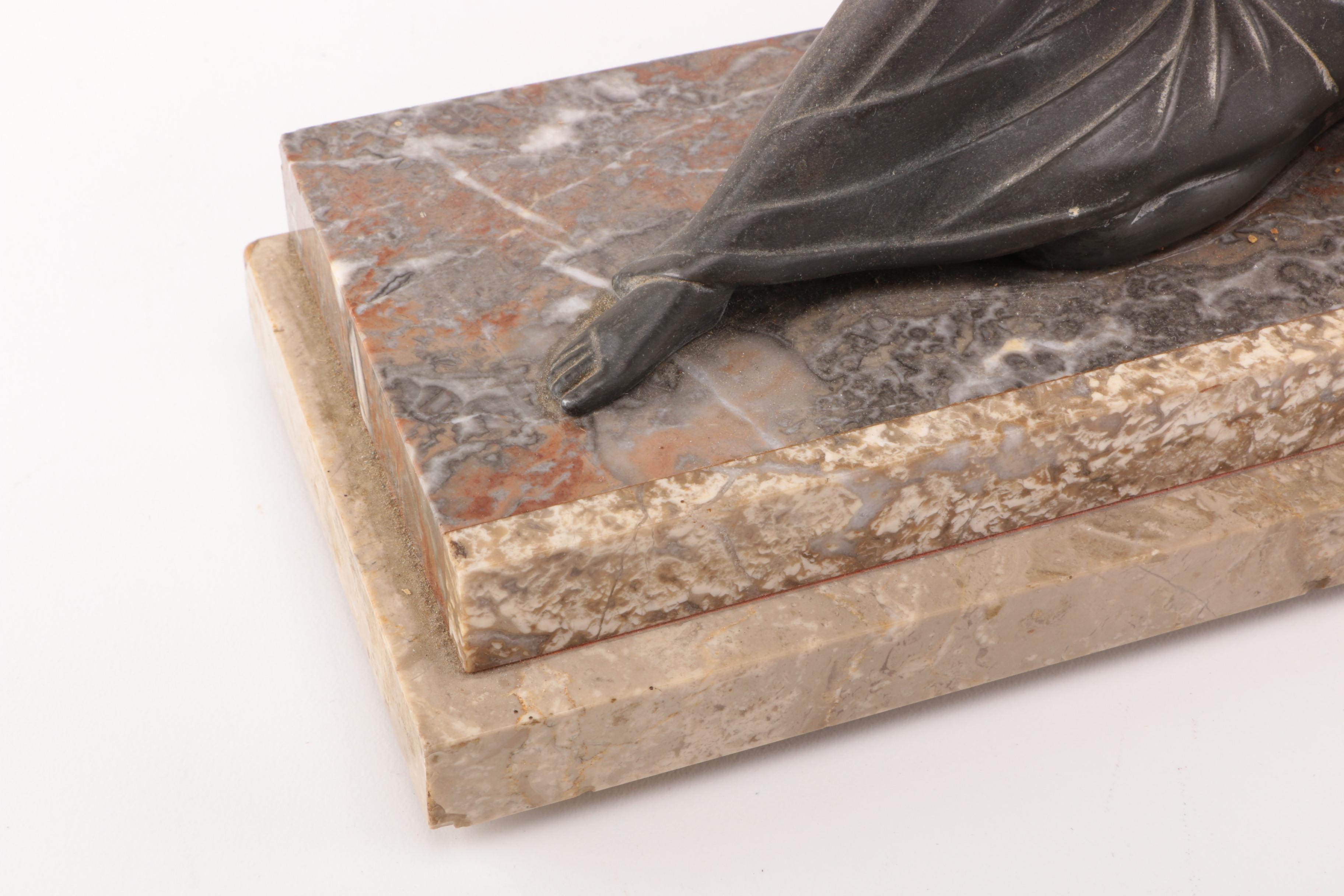 Art Deco Marble Desk Clock with Stauette and a pair of Bookends