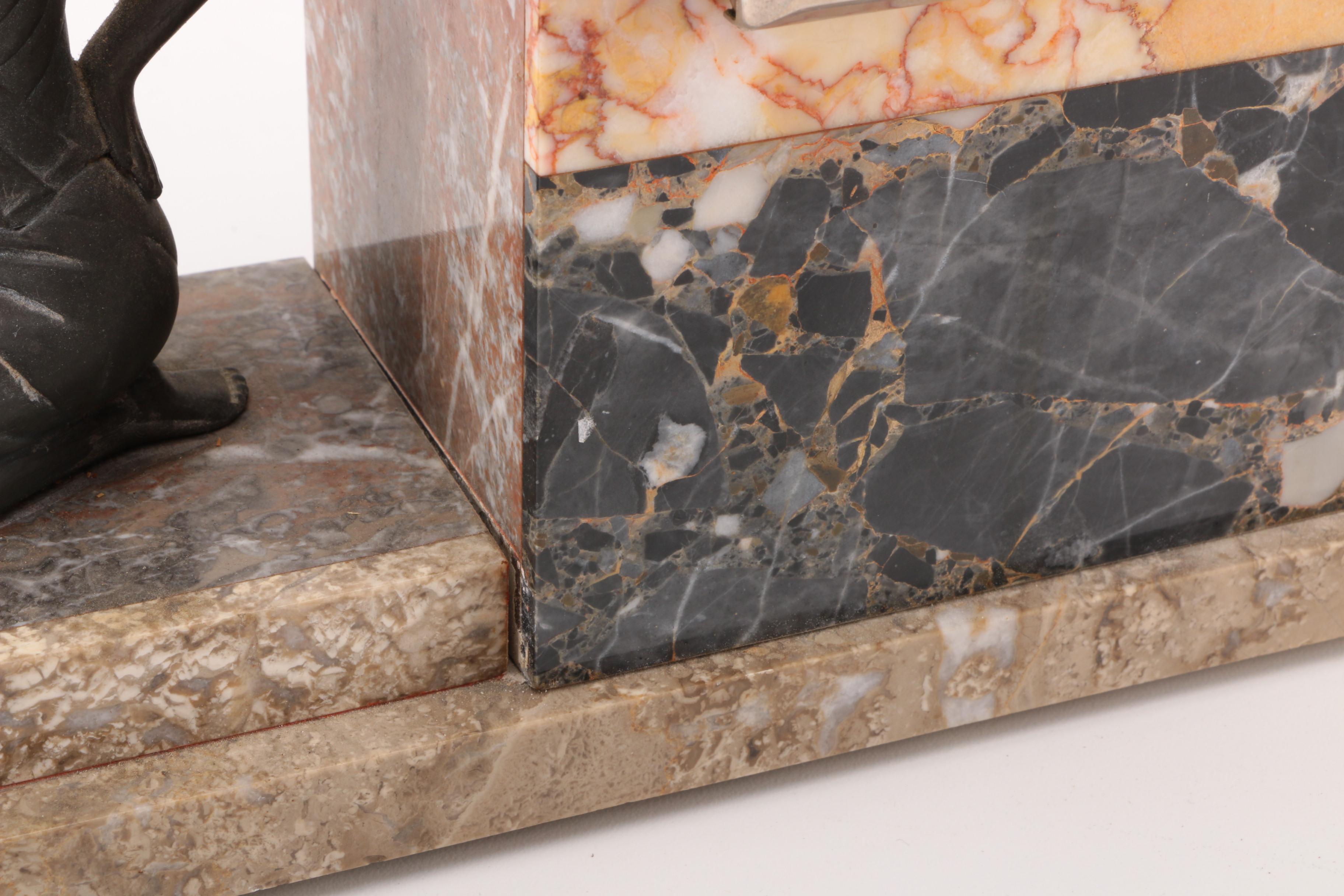 Art Deco Marble Desk Clock with Stauette and a pair of Bookends