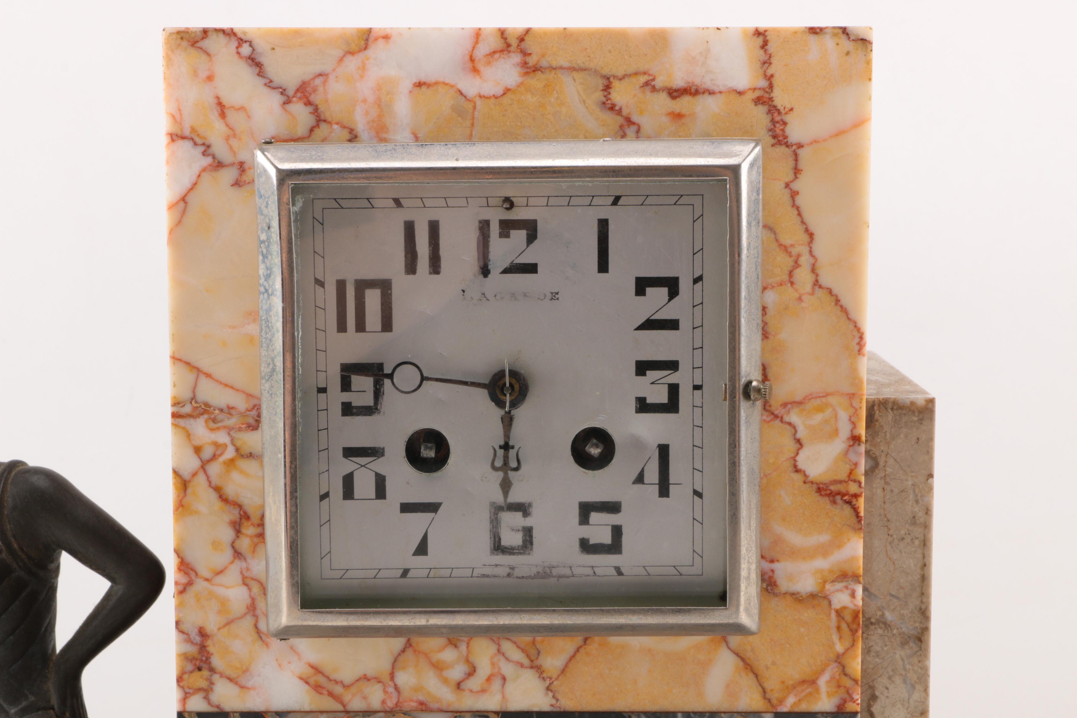 Art Deco Marble Desk Clock with Stauette and a pair of Bookends