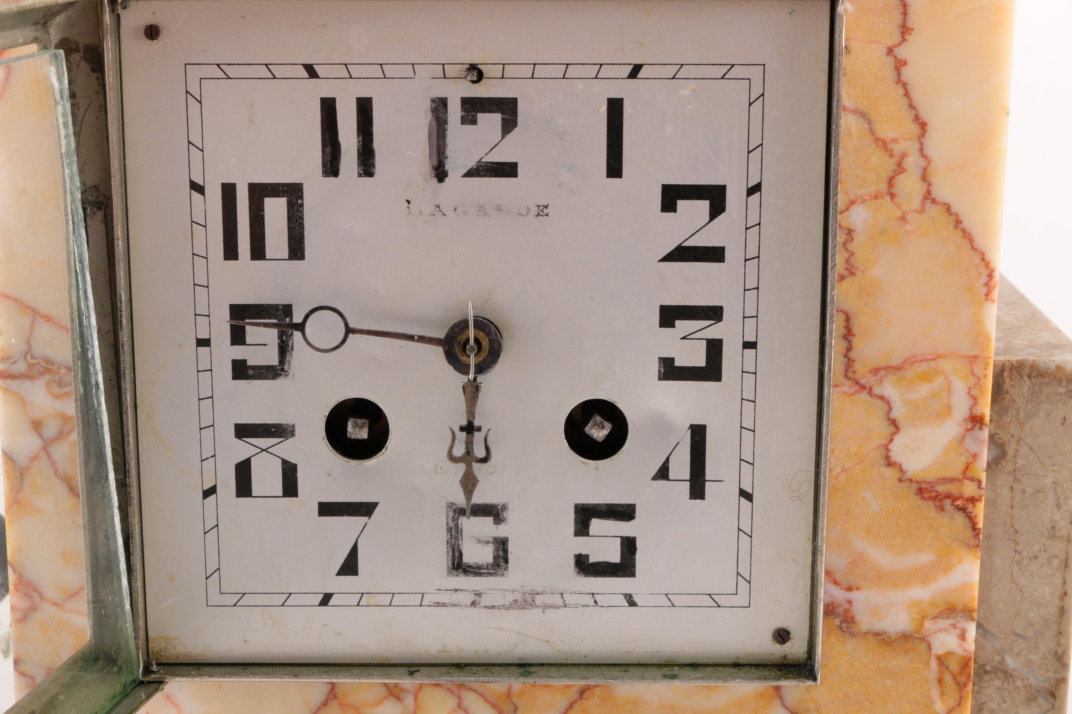 Art Deco Marble Desk Clock with Stauette and a pair of Bookends