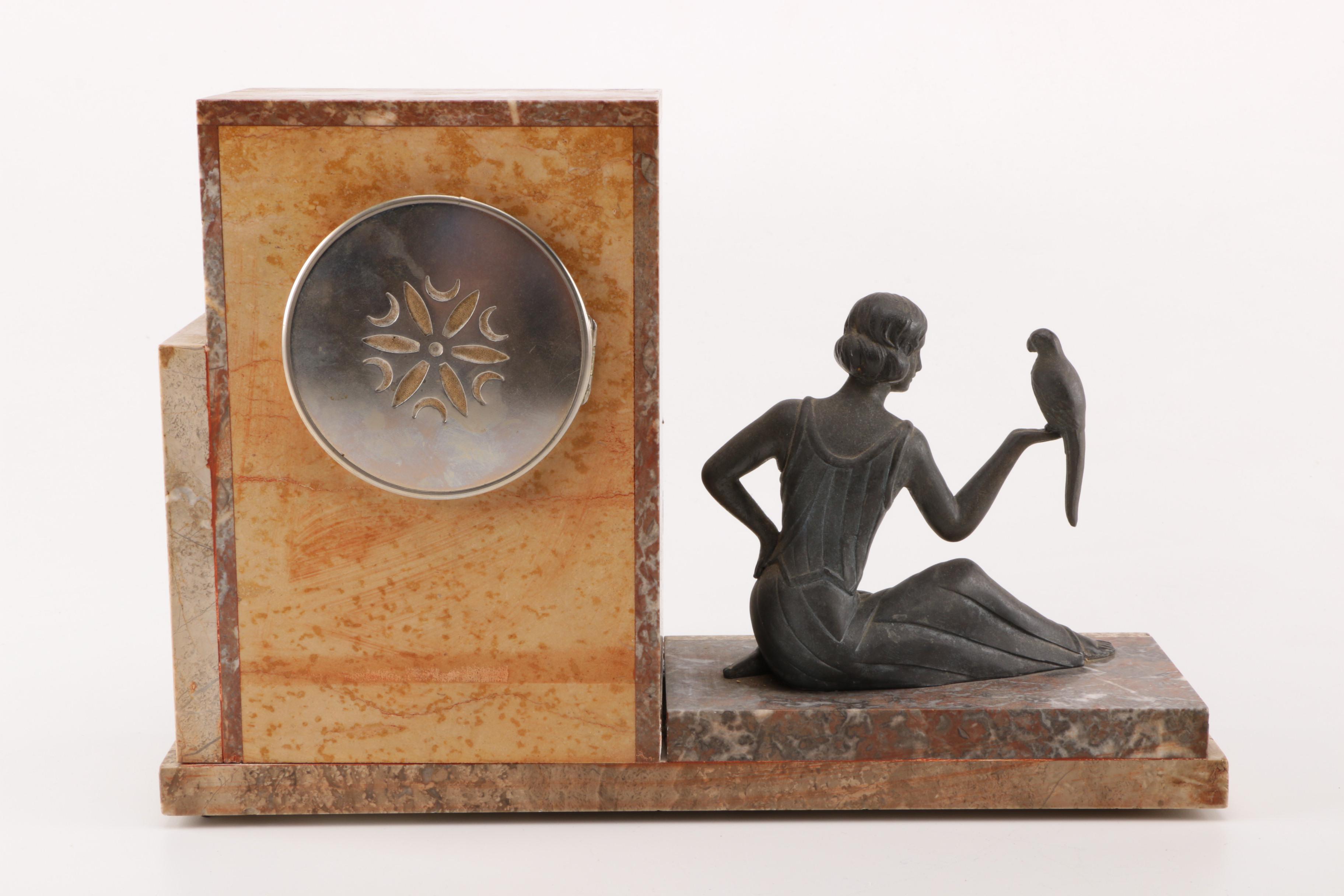 Art Deco Marble Desk Clock with Stauette and a pair of Bookends