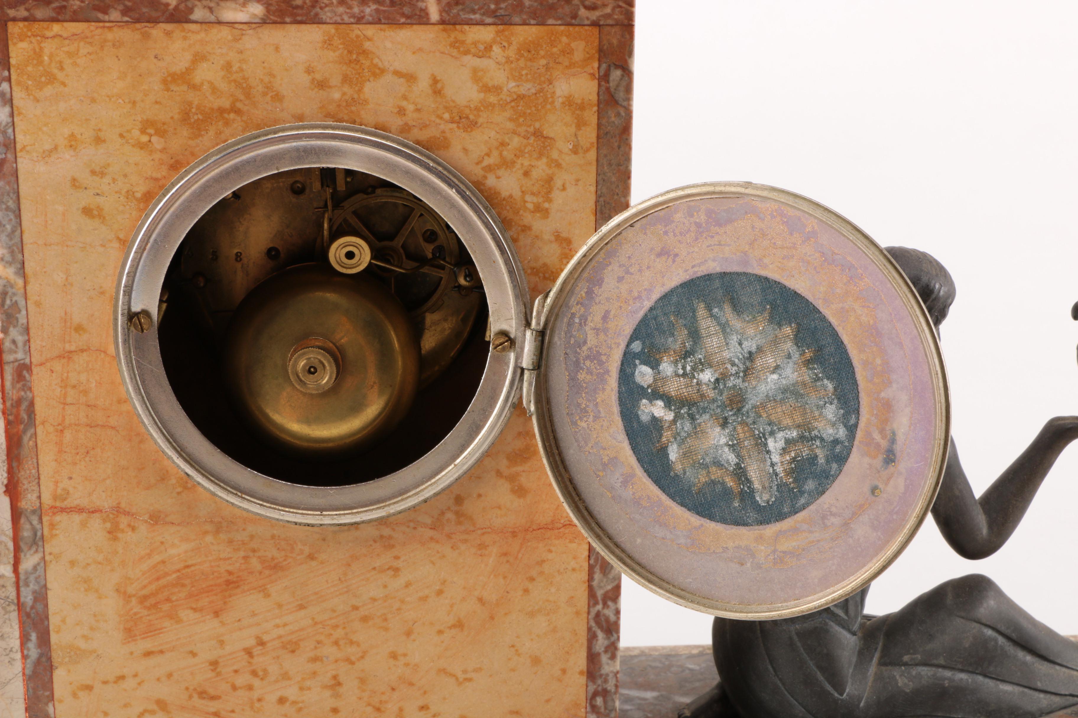 Art Deco Marble Desk Clock with Stauette and a pair of Bookends