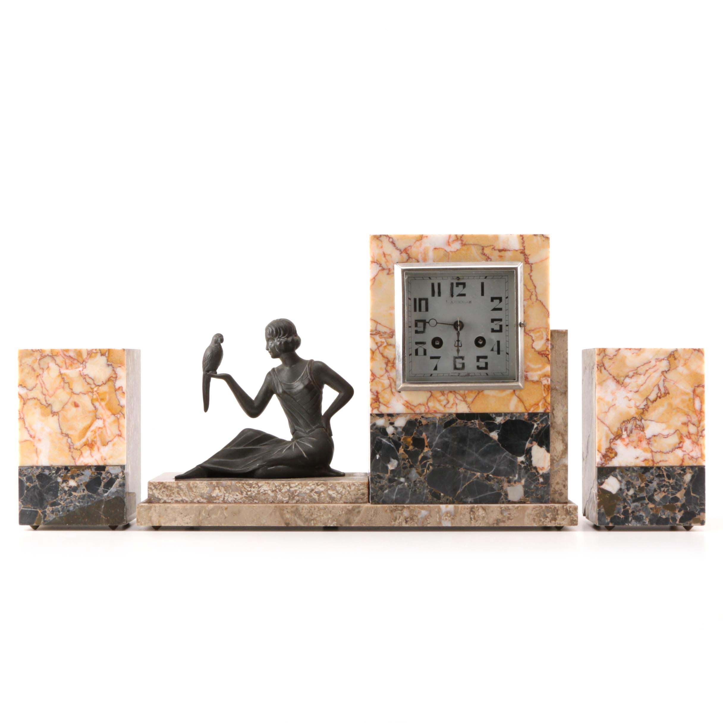 Art Deco Marble Desk Clock with Stauette and a pair of Bookends