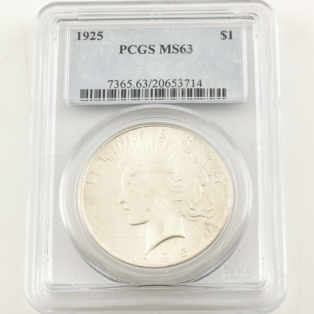 Encapsulated and Graded MS63 (By PCGS) 1925 Silver Peace Dollar