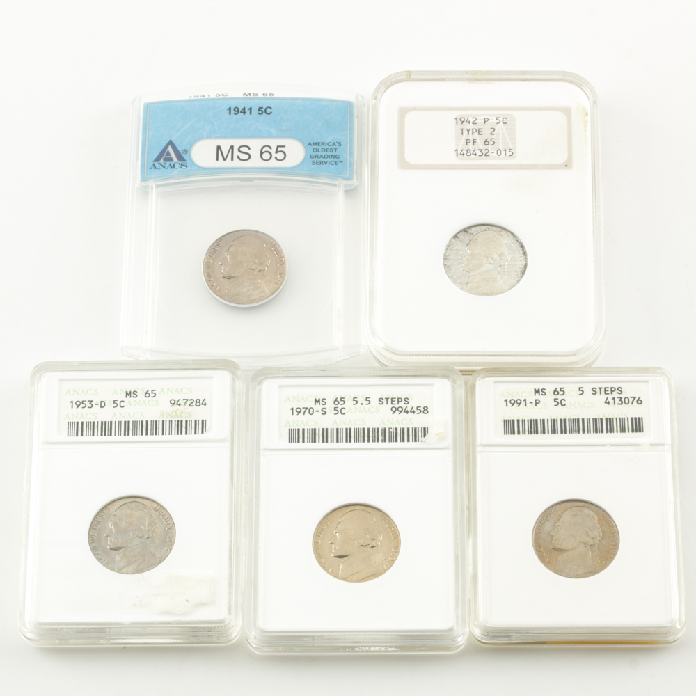 Five Encapsulated Jefferson Nickels