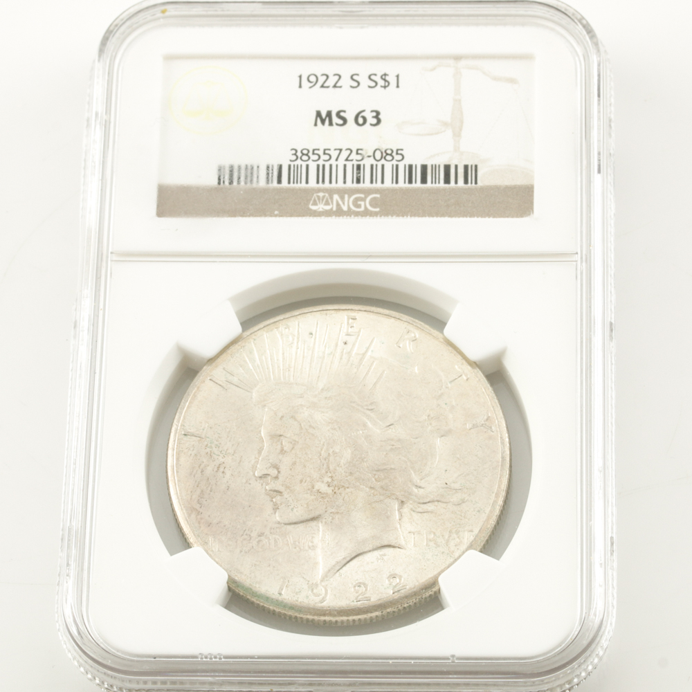 Encapsulated and Graded MS63 (by NGC) 1922 S Peace Silver Dollar