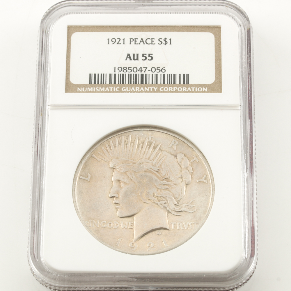 Encapsulated and Graded AU55 (by NGC) 1921 Peace Silver Dollar