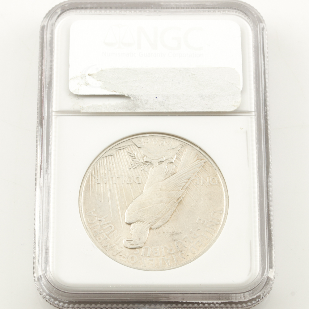 Encapsulated and Graded AU55 (by NGC) 1921 Peace Silver Dollar