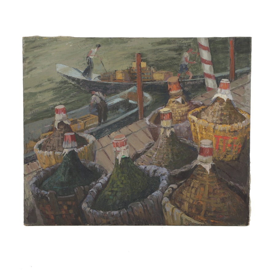 Oil Painting on Canvas Demijohn Still Life with Harbor Scene