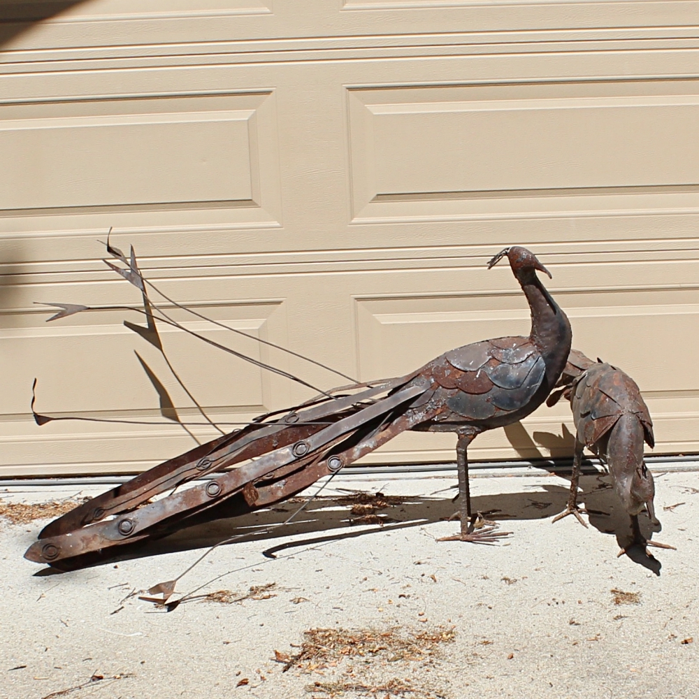 Peacock and Peahen Metal Sculptures