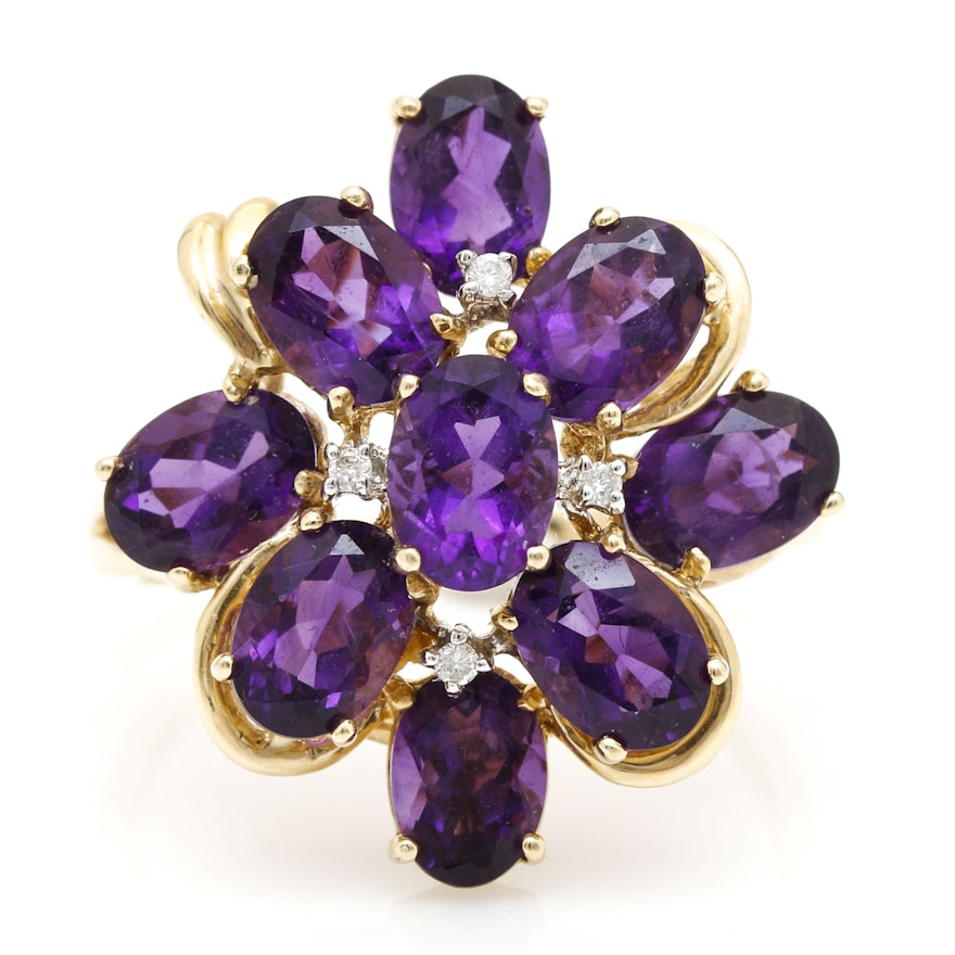 14K Yellow Gold Amethyst and Diamond Cluster Ring