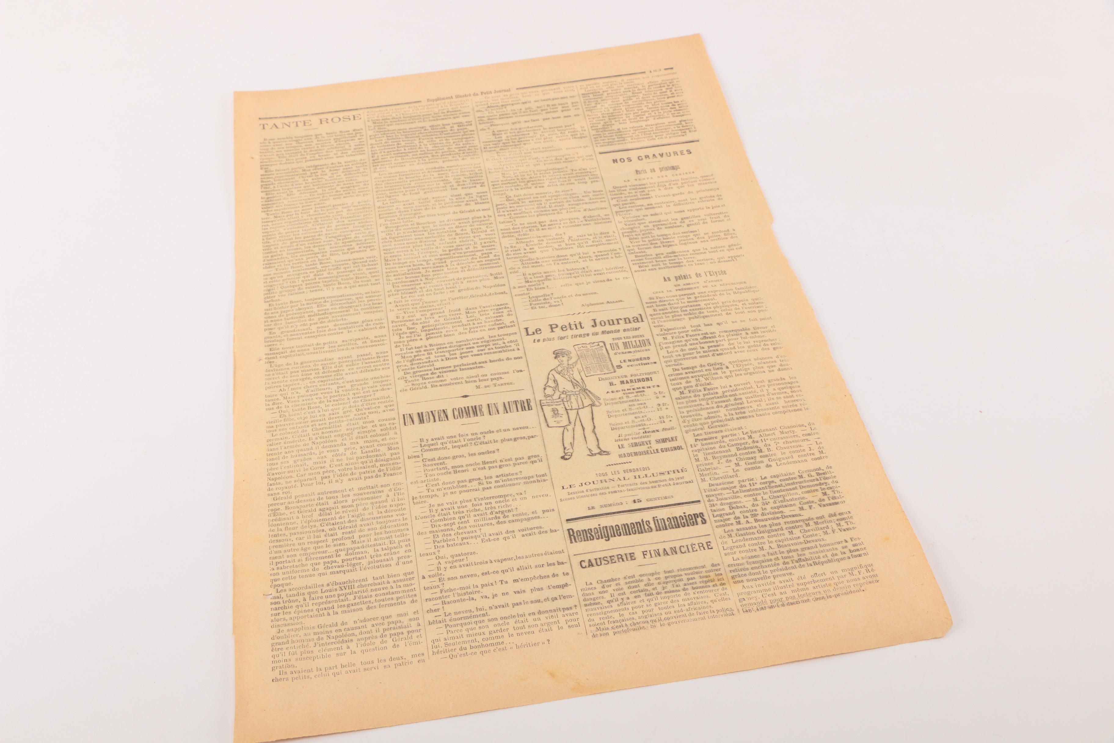 Page from Late 19th Century French Newspaper "Le Petit Journal" With Print Titled "Au Palais De L'Elysee."