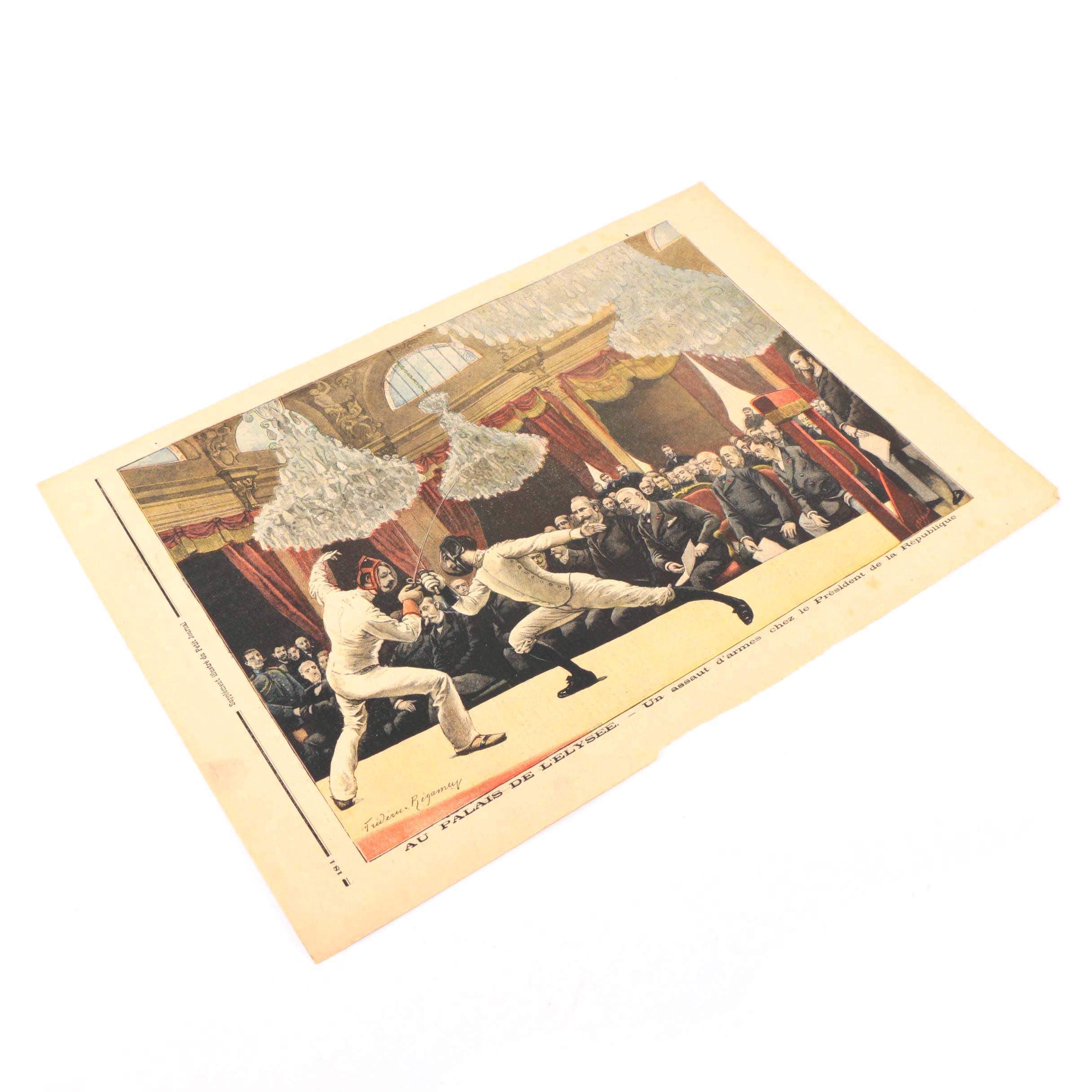 Page from Late 19th Century French Newspaper "Le Petit Journal" With Print Titled "Au Palais De L'Elysee."