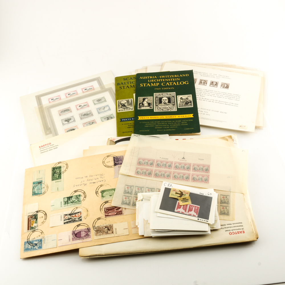 Collection of Stamps, Stamp Blocks, and Stamp Catalogs