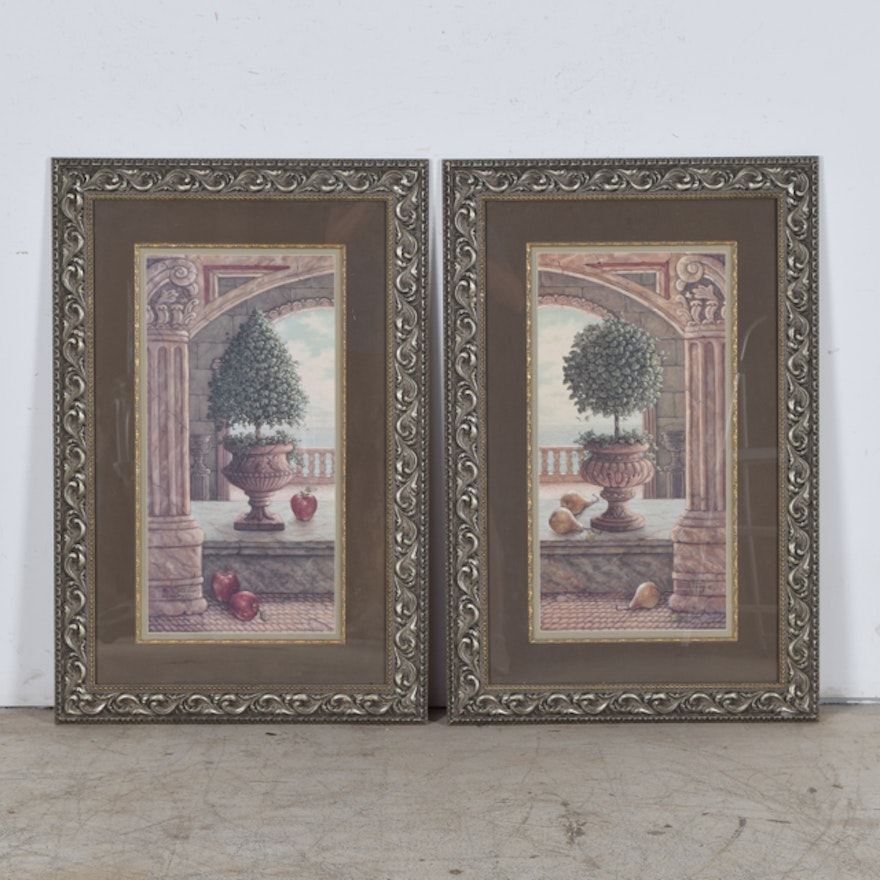 Janet Kruskamp Pair of Framed Offset Lithographs "Apple & Topiary" and "Pear & Topiary"